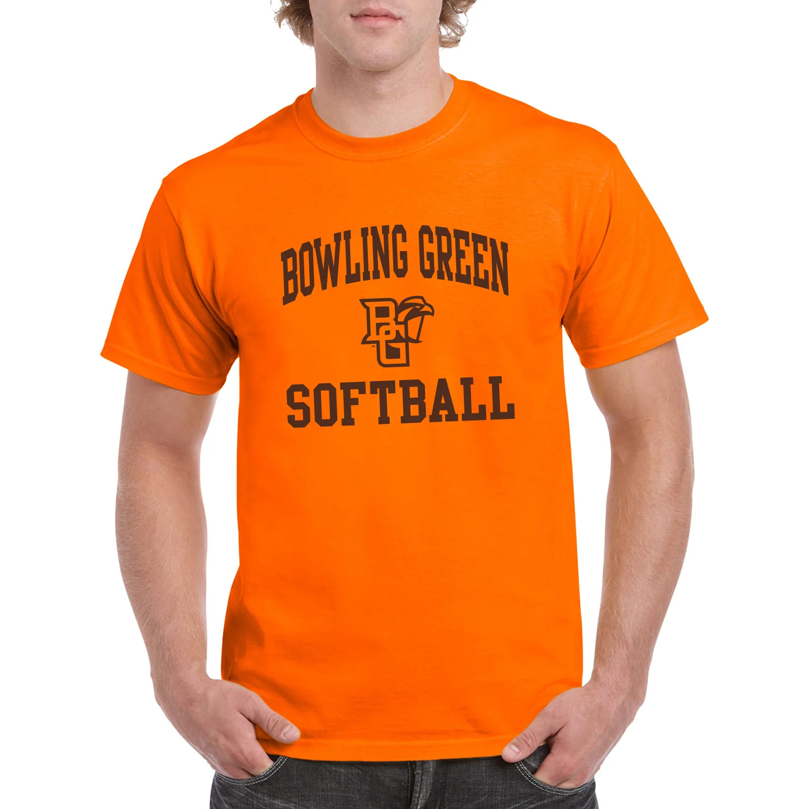 Bowling Green State University Falcons Arch Logo Softball Basic Cotton Short Sleeve T Shirt - Orange - Image 4