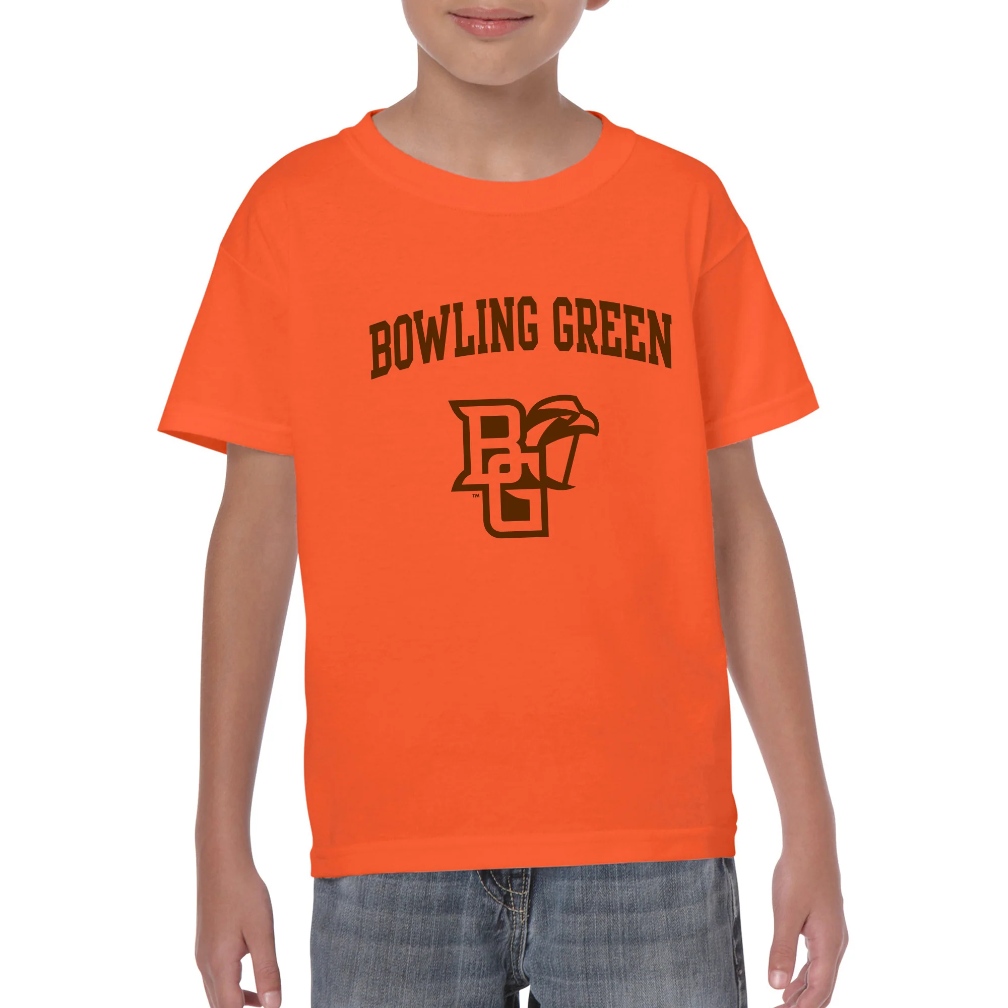 Bowling Green State University Falcons Arch Logo Youth Cotton Short Sleeve T Shirt - Orange - Image 4