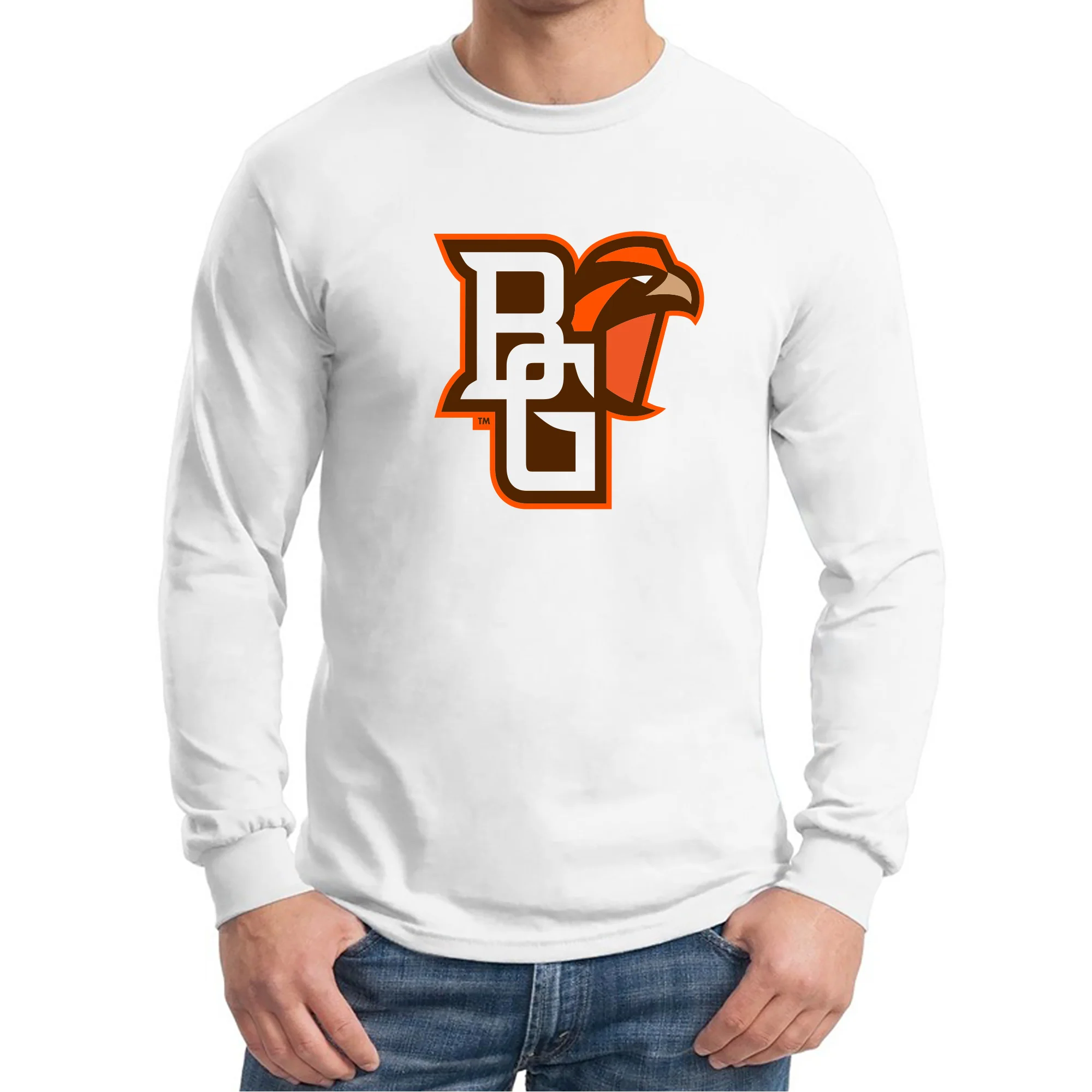 Bowling Green State University Falcons Primary Logo Cotton Long Sleeve T Shirt - White - Image 4