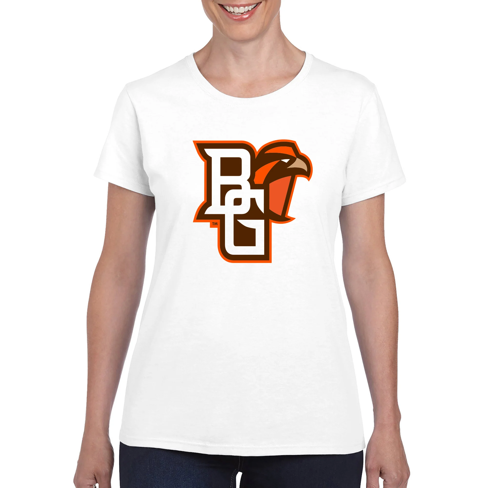 Bowling Green State University Falcons Primary Logo Women's Cotton Short Sleeve T Shirt - White - Image 3