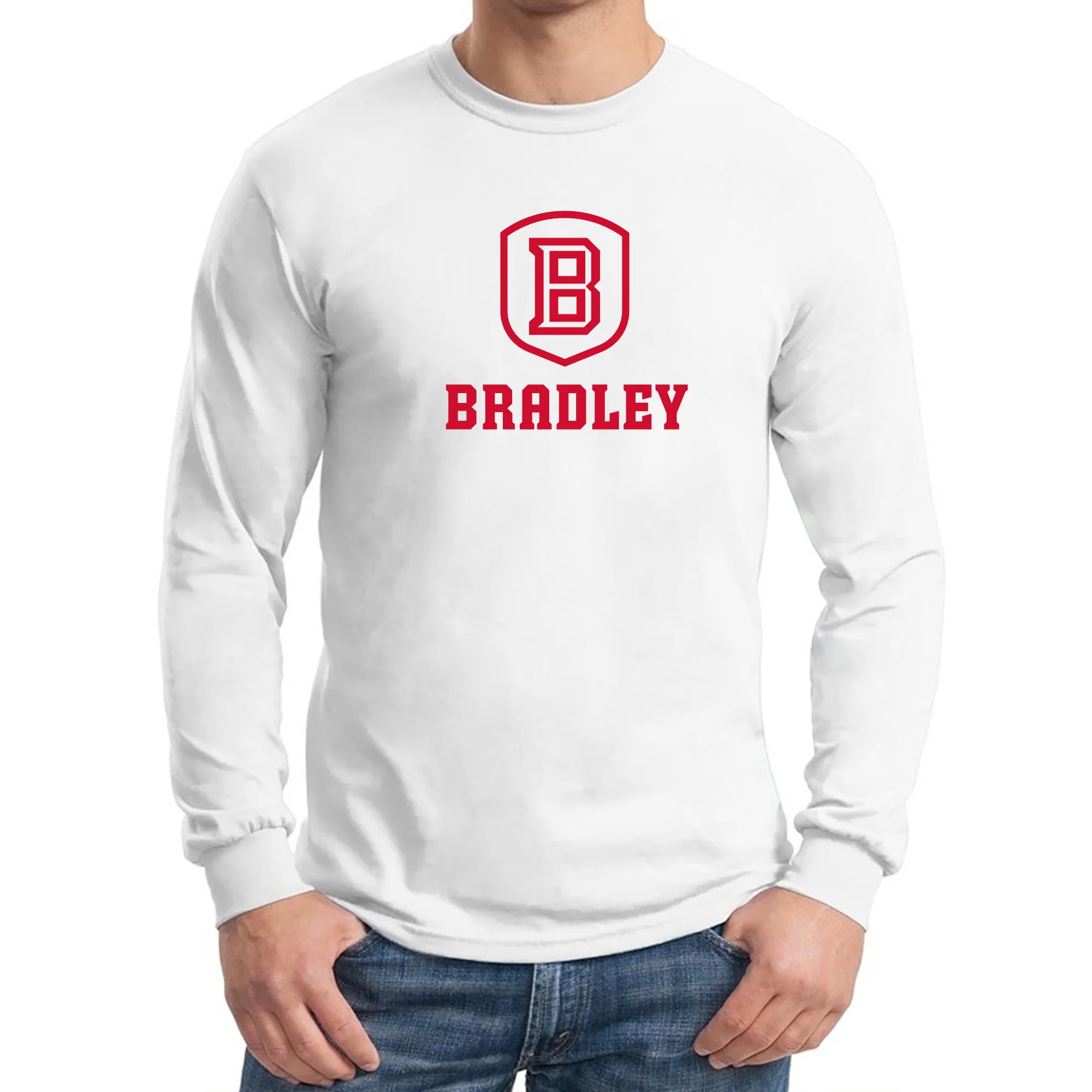 Bradley University Braves Primary Logo Basic Cotton Long Sleeve T Shirt - White - Image 3