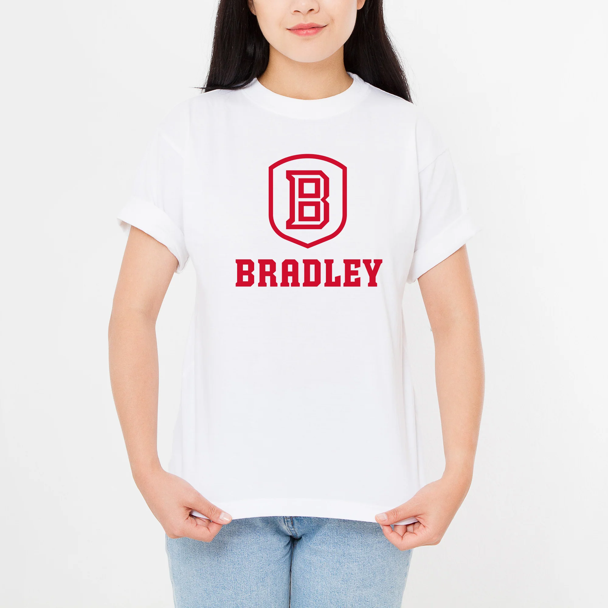 Bradley University Braves Primary Logo Basic Cotton Short Sleeve T Shirt - White - Image 5