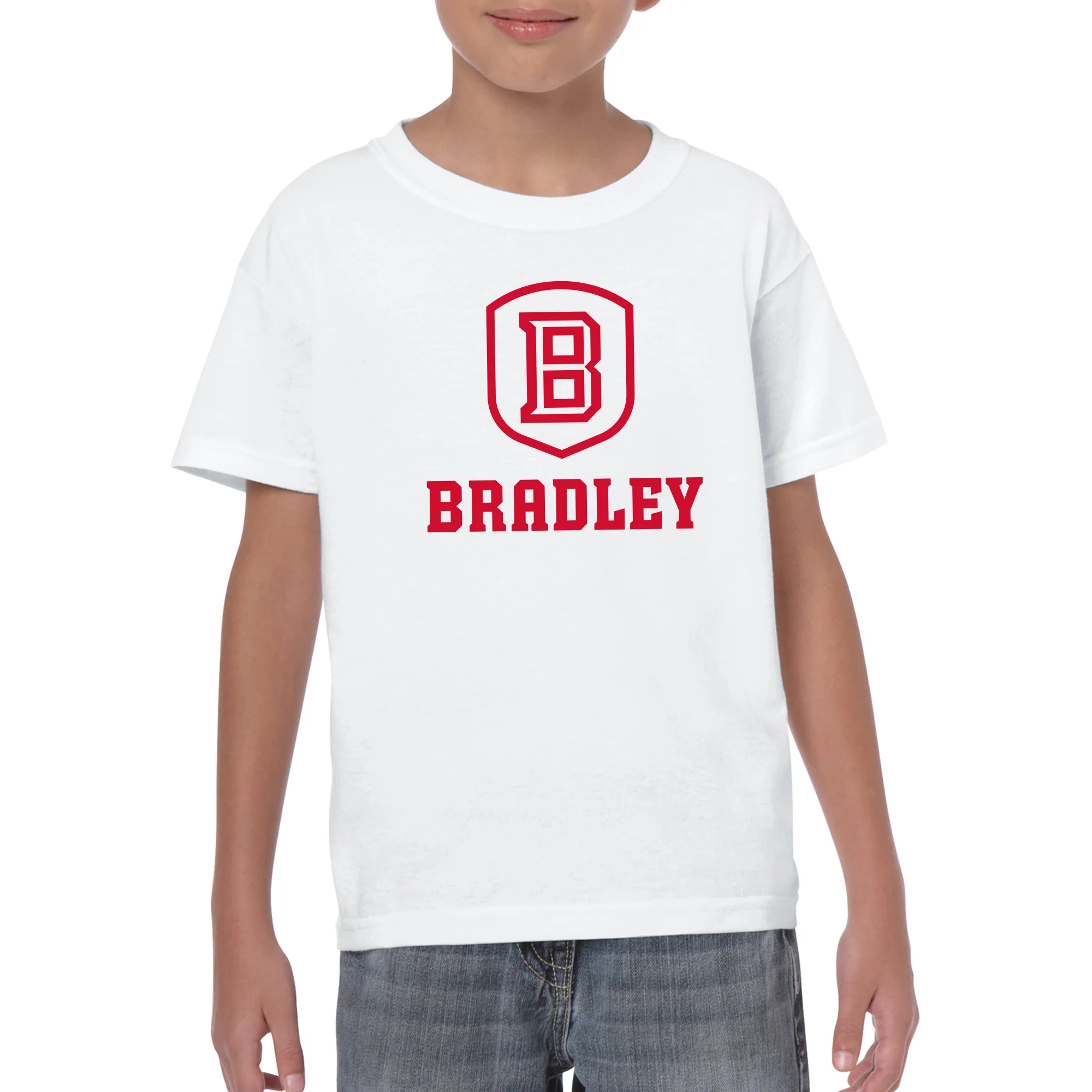 Bradley University Braves Primary Logo Basic Cotton Short Sleeve Youth T Shirt - White - Image 4