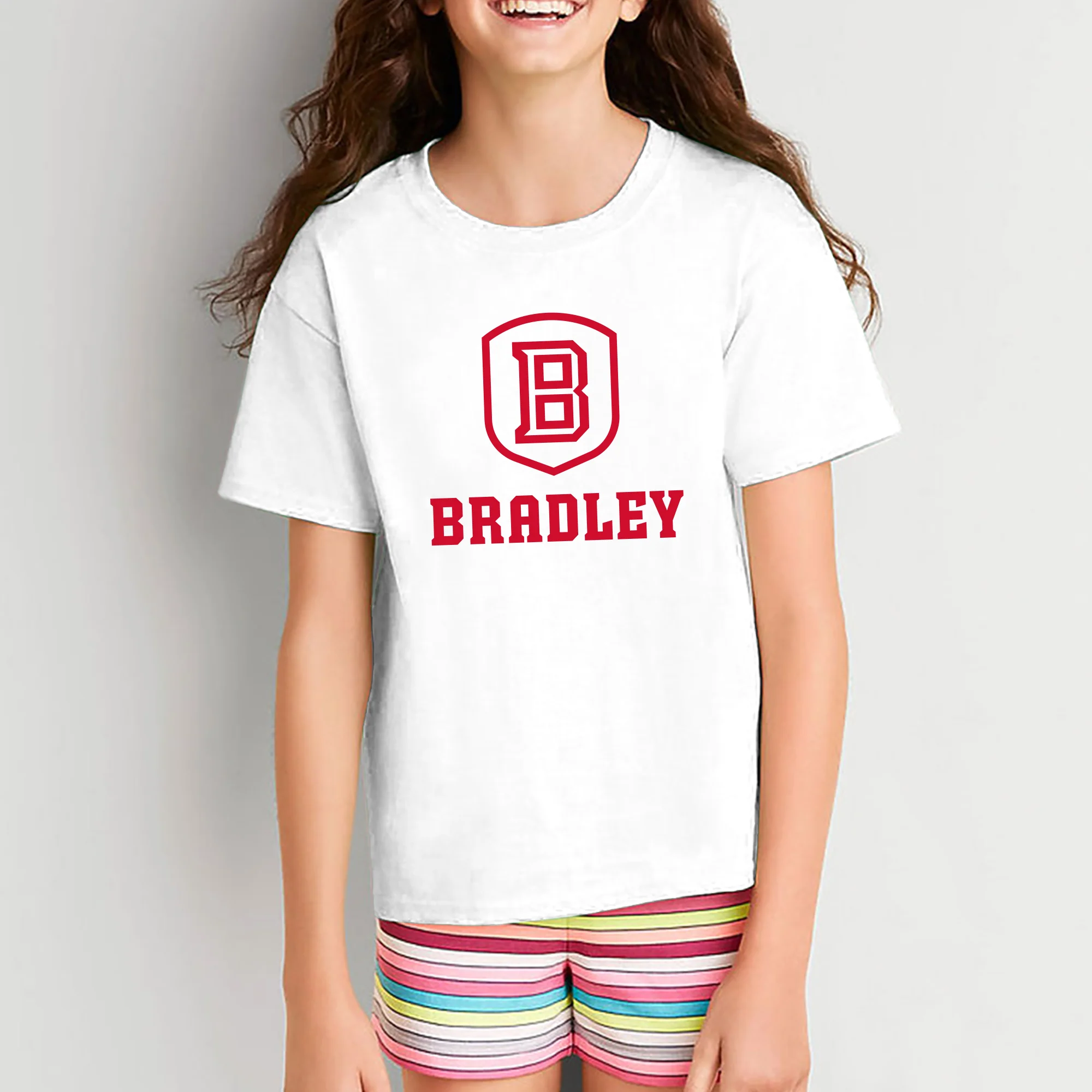 Bradley University Braves Primary Logo Basic Cotton Short Sleeve Youth T Shirt - White - Image 5