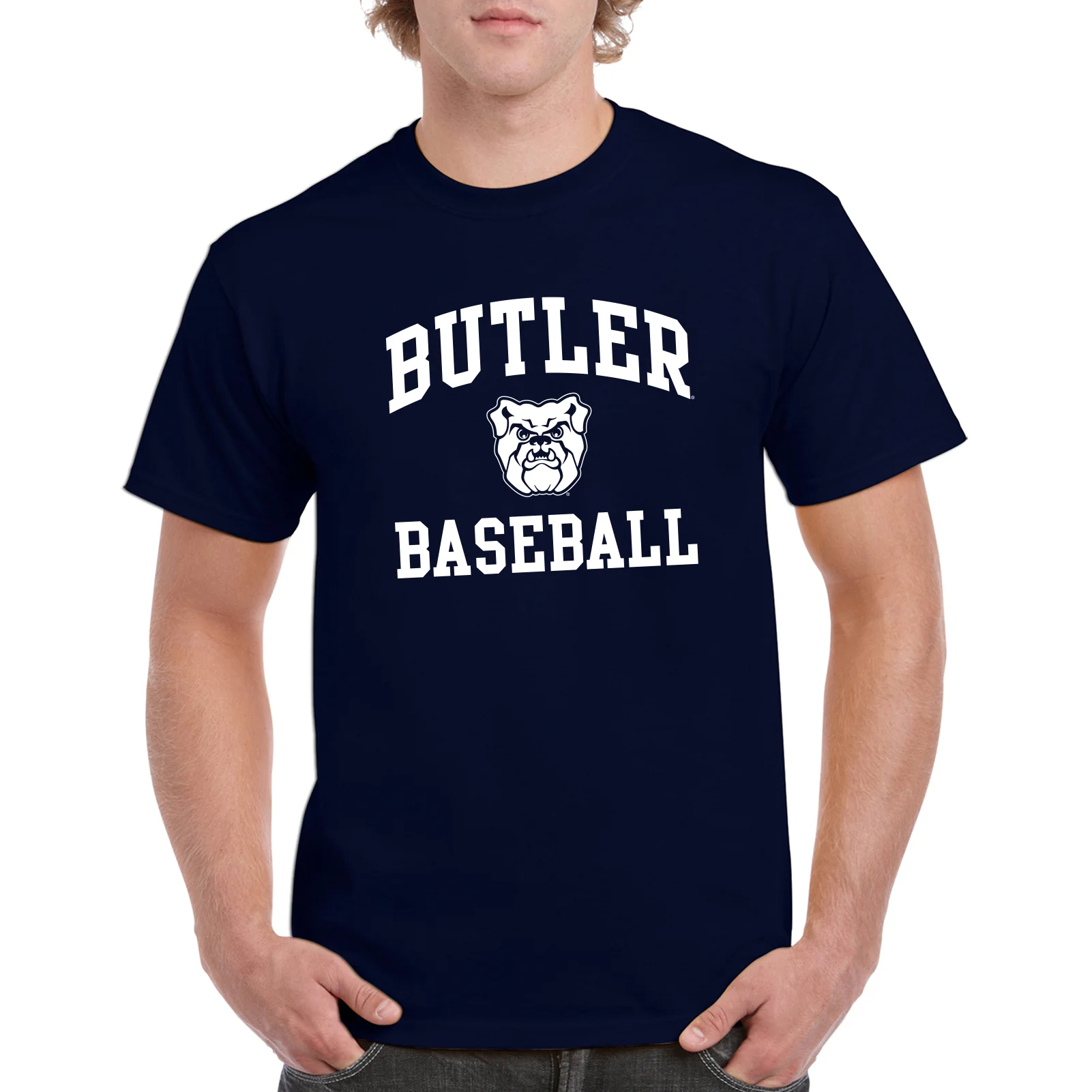 Butler University Bulldogs Arch Logo Baseball Short Sleeve T Shirt - Navy - Image 4