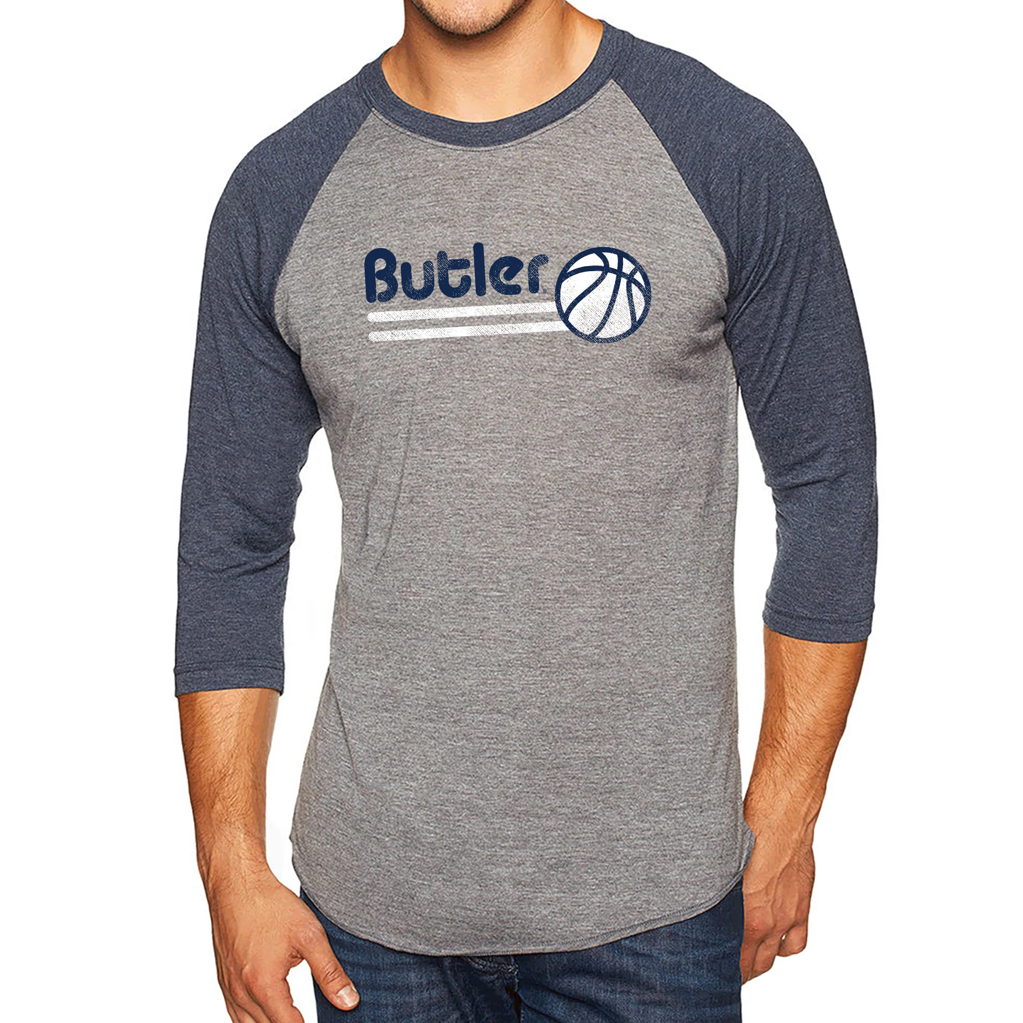 Butler University Bulldogs Basketball Bubble Raglan 3/4 Sleeve - Premium Heather/Vintage Navy - Image 3