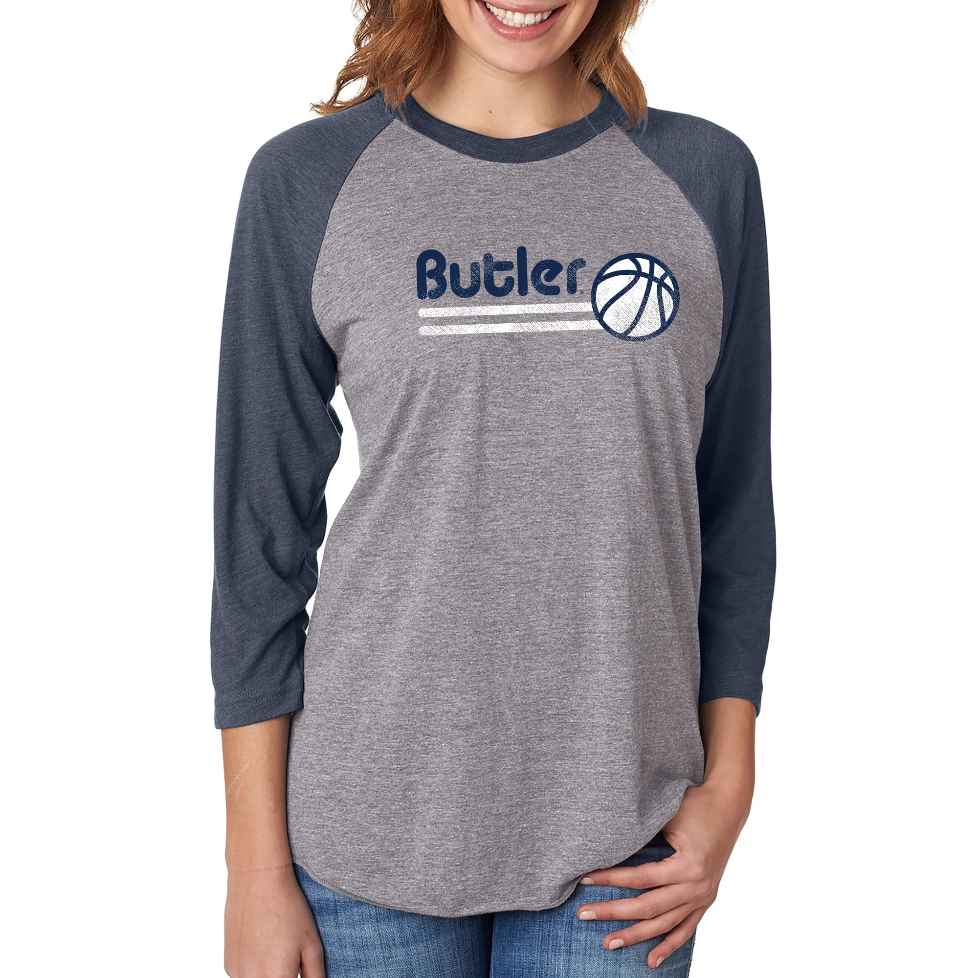 Butler University Bulldogs Basketball Bubble Raglan 3/4 Sleeve - Premium Heather/Vintage Navy - Image 4