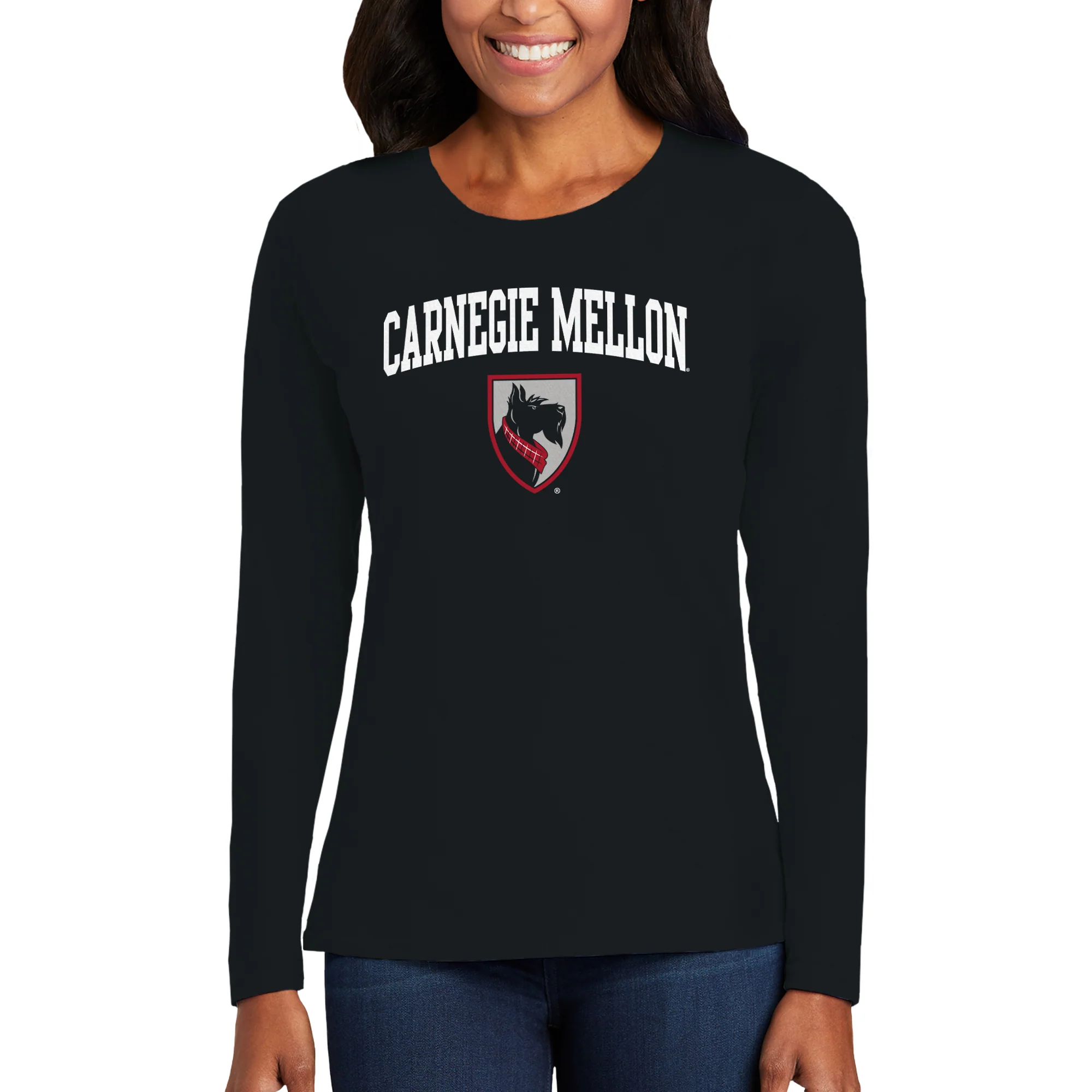 Carnegie Mellon Tartans Arch Logo Womens Long Sleeve T Shirt - Black - Image 3