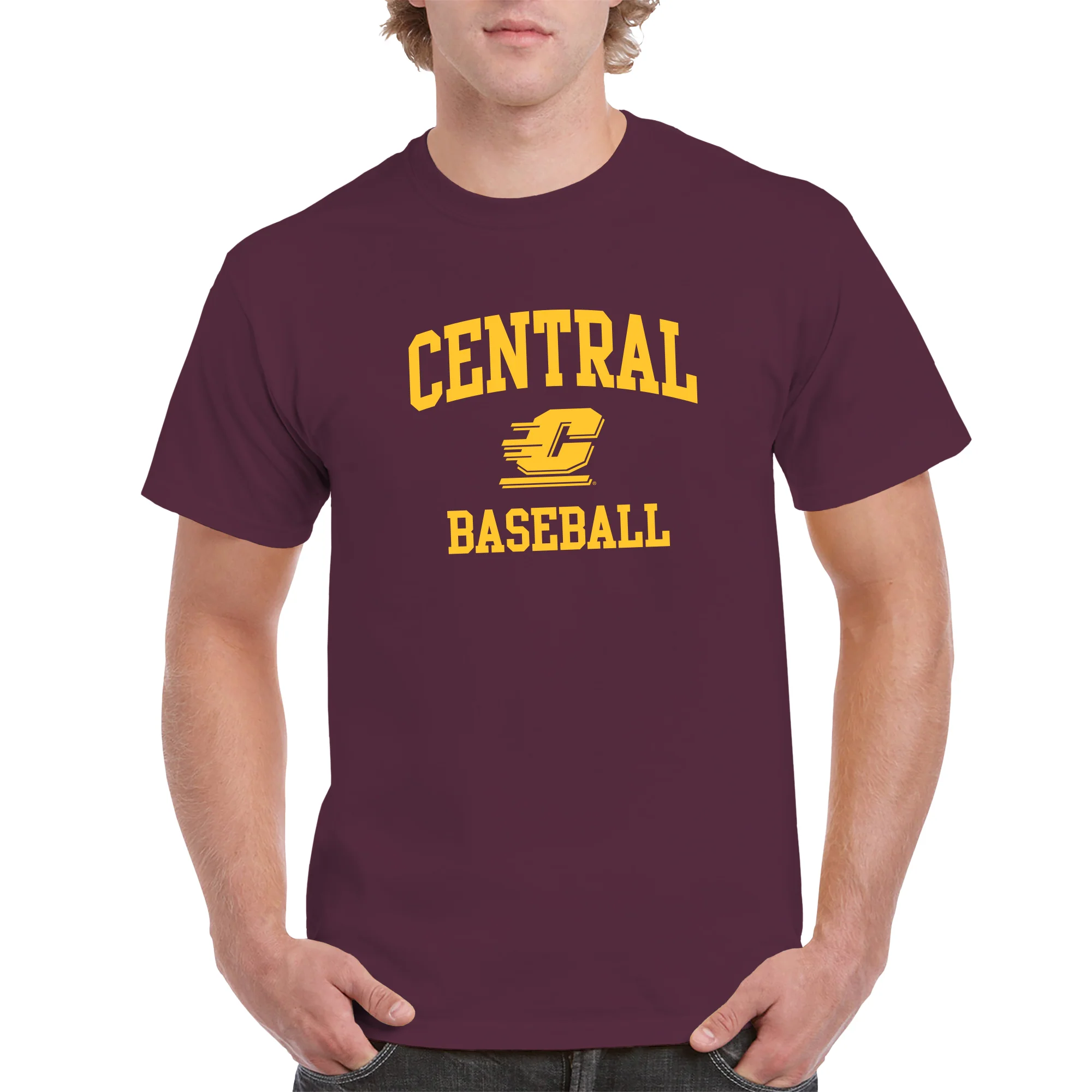 Central Michigan Arch Logo Baseball T-Shirt - Maroon - Image 3