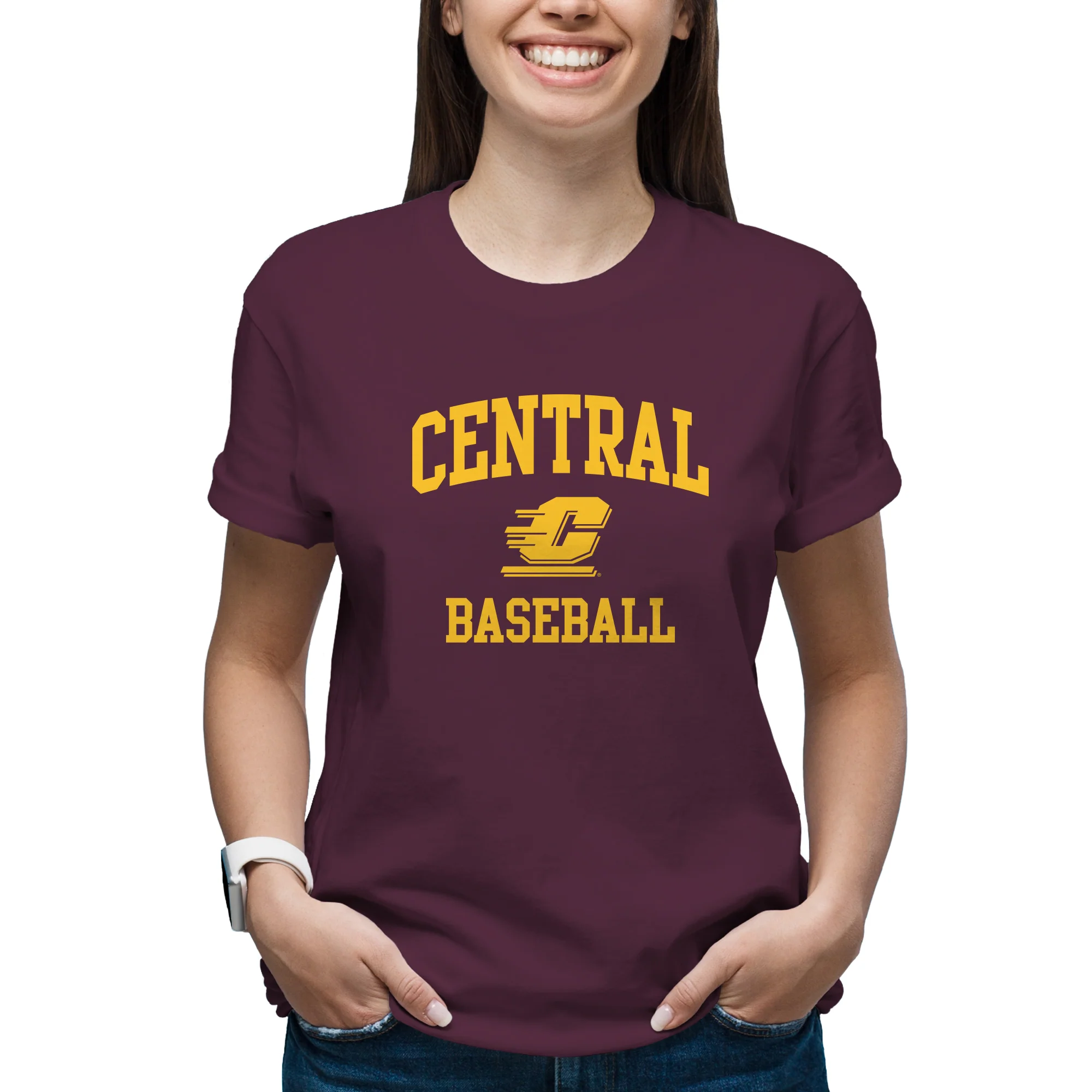 Central Michigan Arch Logo Baseball T-Shirt - Maroon - Image 4