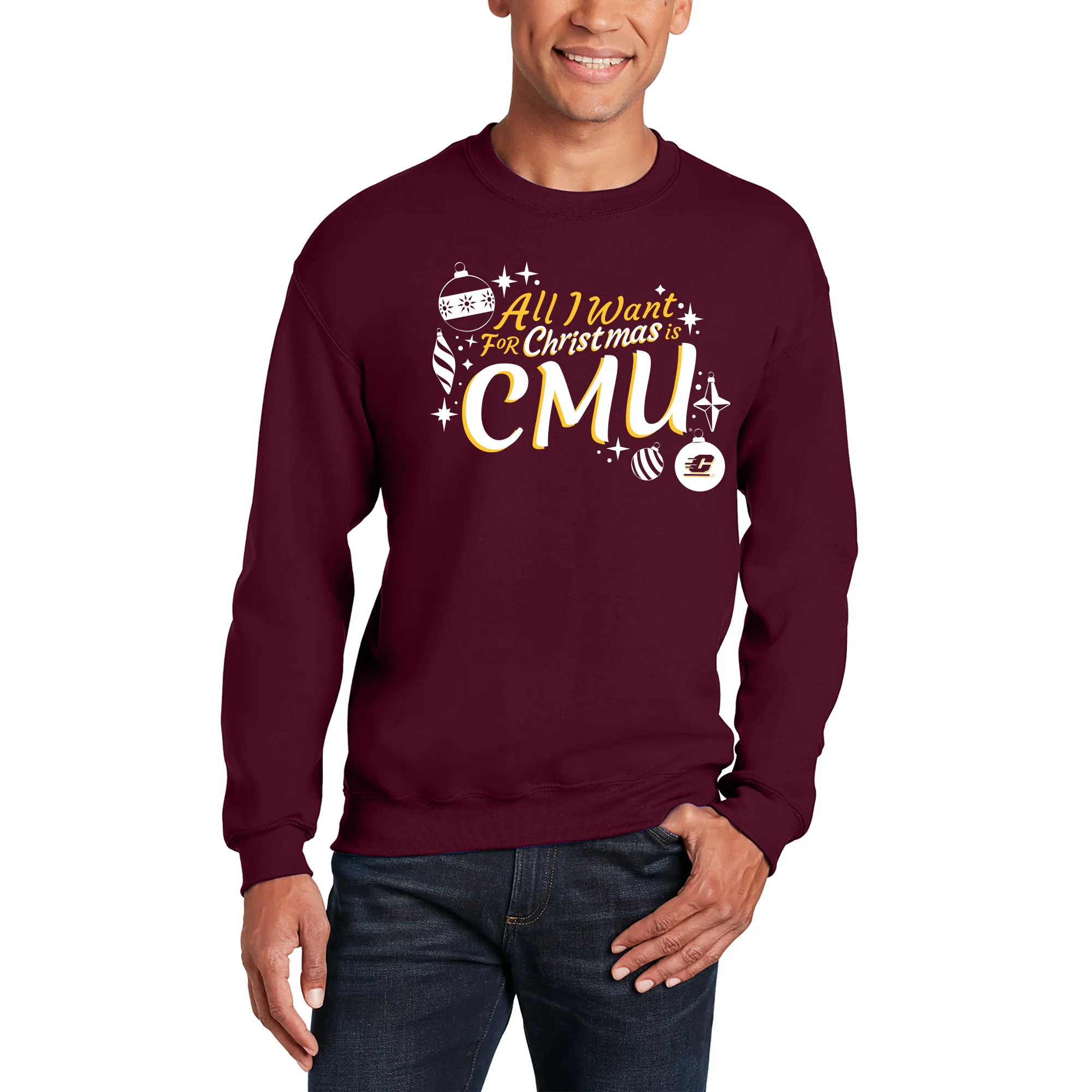 Central Michigan Chippewas All I Want For Christmas Is CMU Crewneck Sweatshirt - Maroon - Image 3