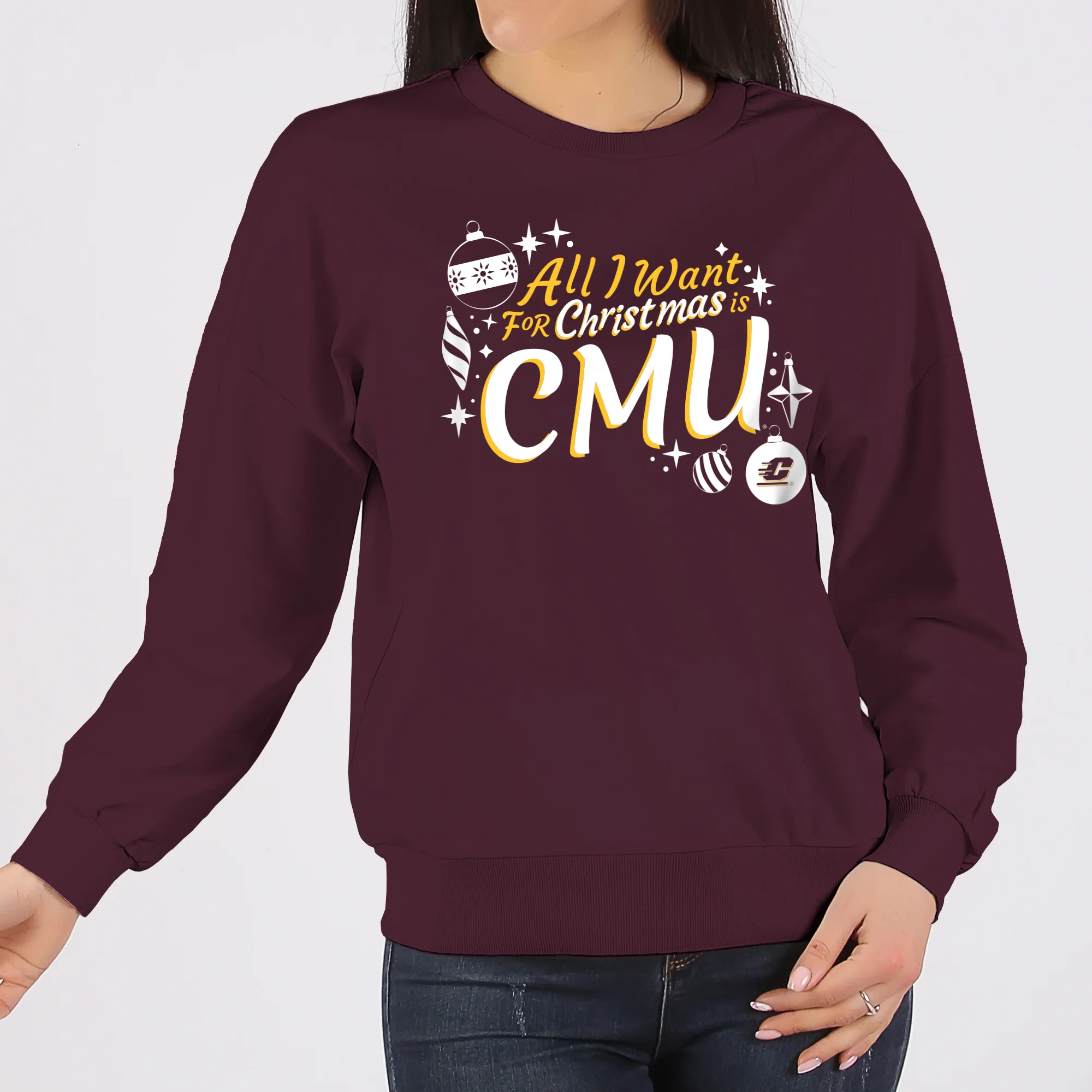 Central Michigan Chippewas All I Want For Christmas Is CMU Crewneck Sweatshirt - Maroon - Image 4