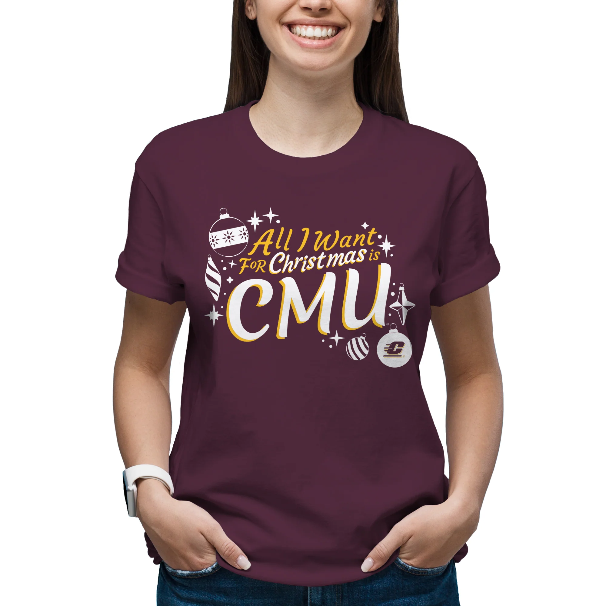 Central Michigan Chippewas All I Want For Christmas Is CMU T Shirt - Maroon - Image 4