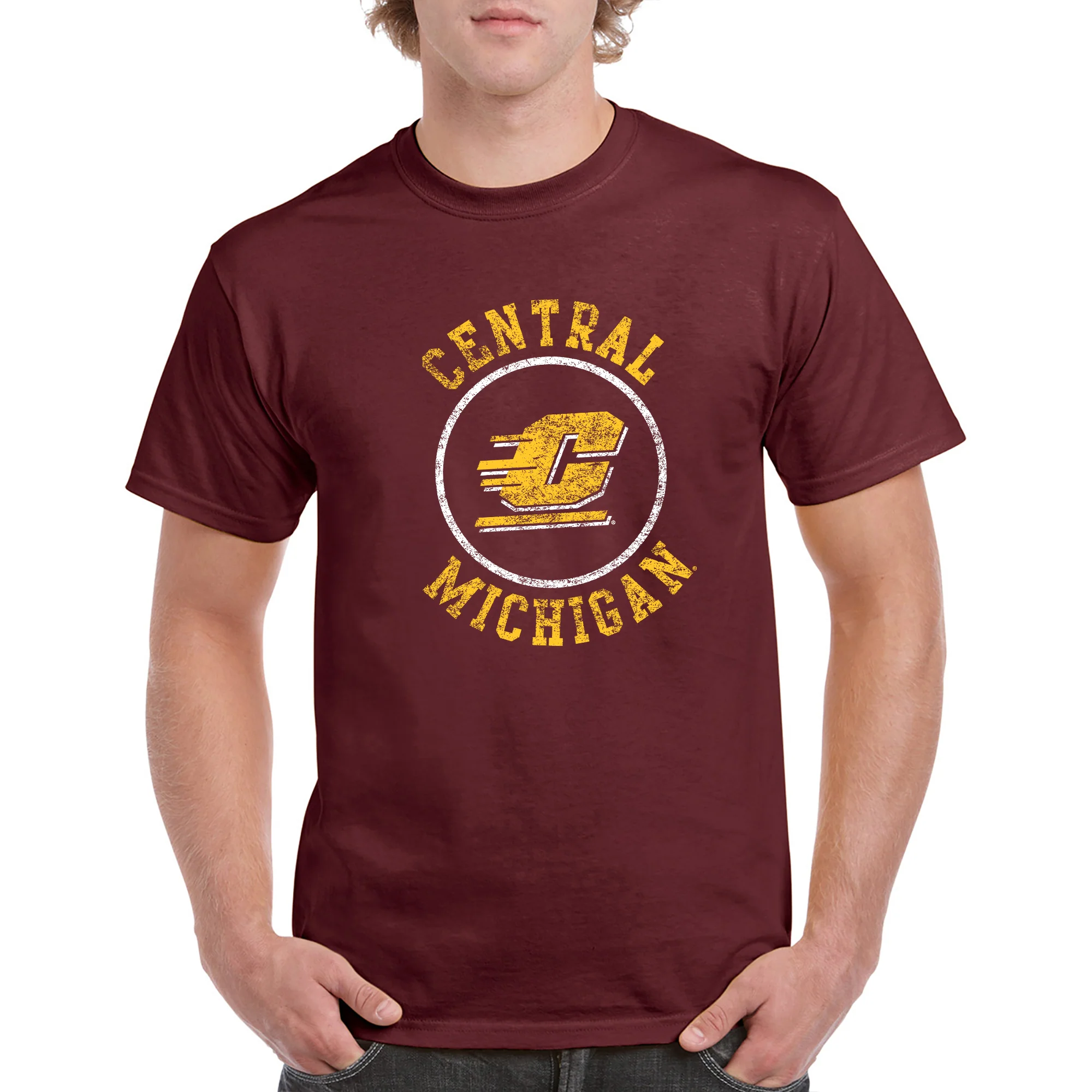 Central Michigan University Chippewas Distressed Circle Logo Short Sleeve T Shirt - Maroon - Image 3