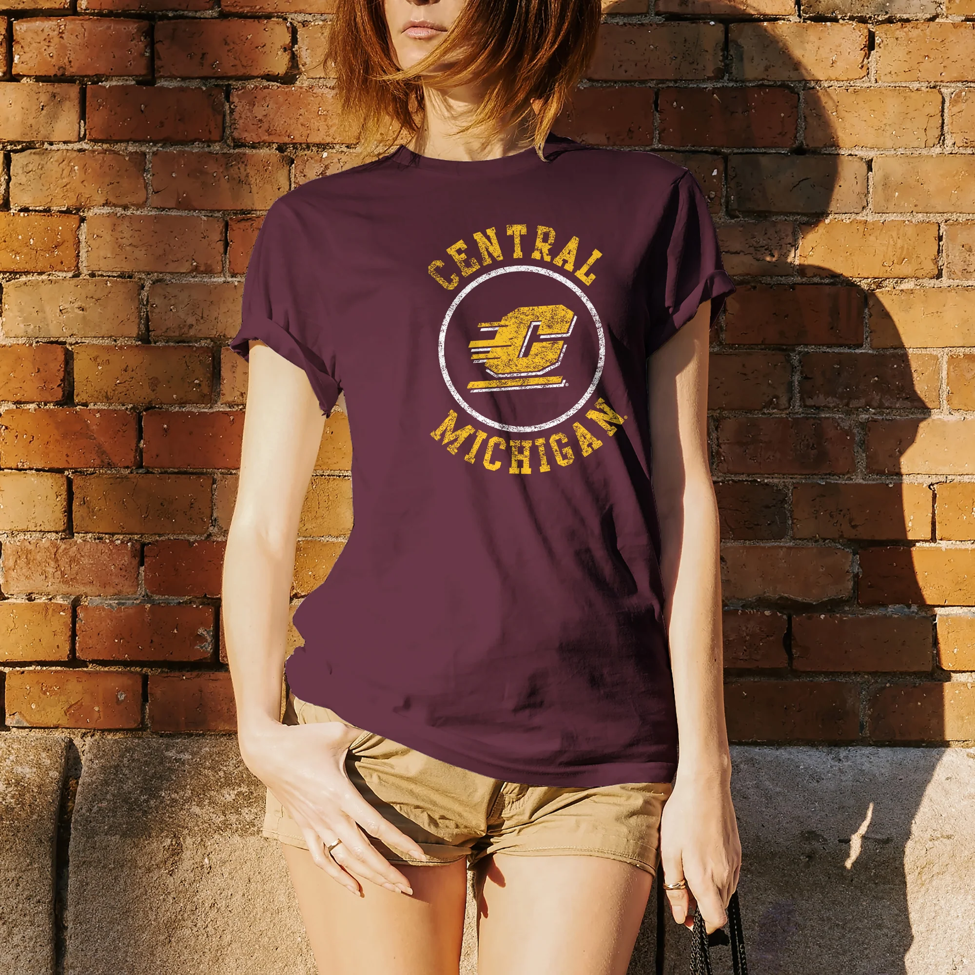 Central Michigan University Chippewas Distressed Circle Logo Short Sleeve T Shirt - Maroon - Image 4