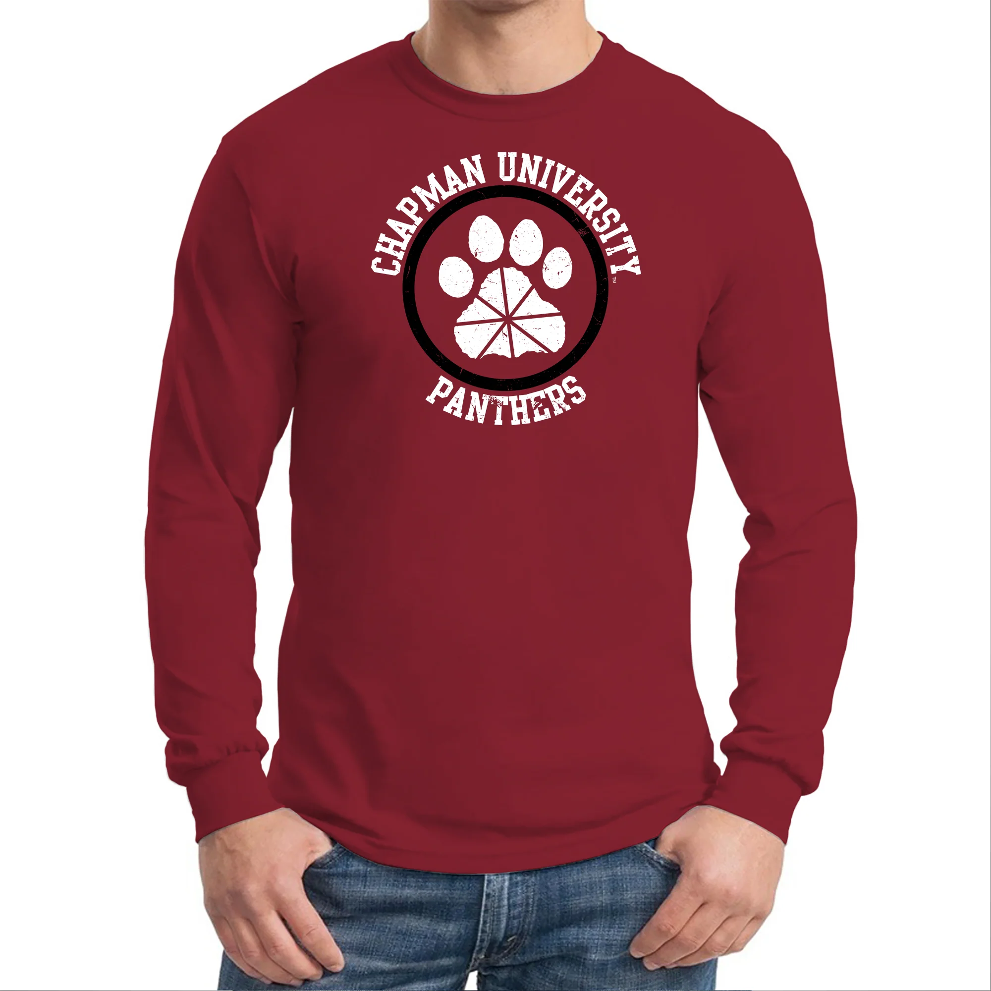 Chapman University Panthers Distressed Circle Logo Long Sleeve T-Shirt - Cardinal - Image 3