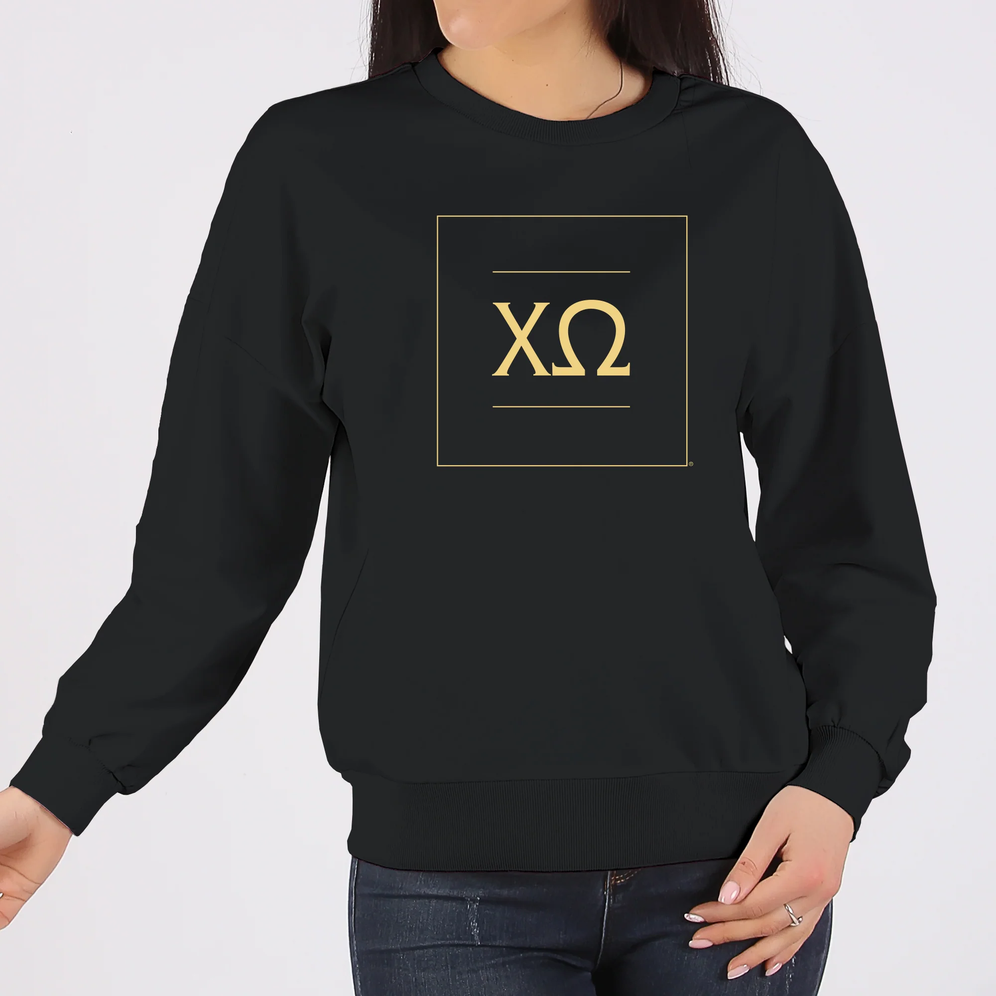 Chi Omega Greek Letter Block Crewneck Sweatshirt - Black - Image 3