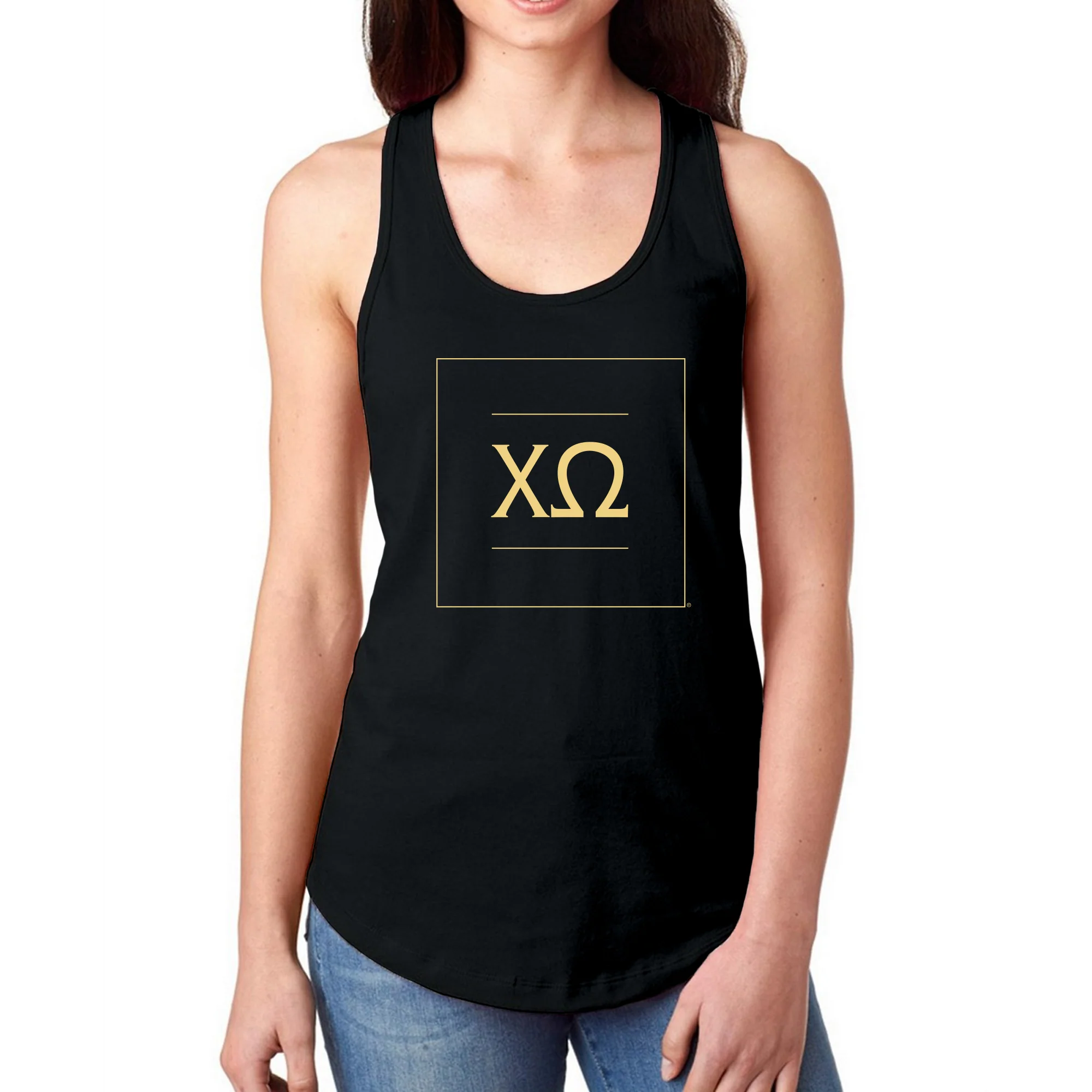 Chi Omega Greek Letter Block Racerback Tank - Black - Image 3