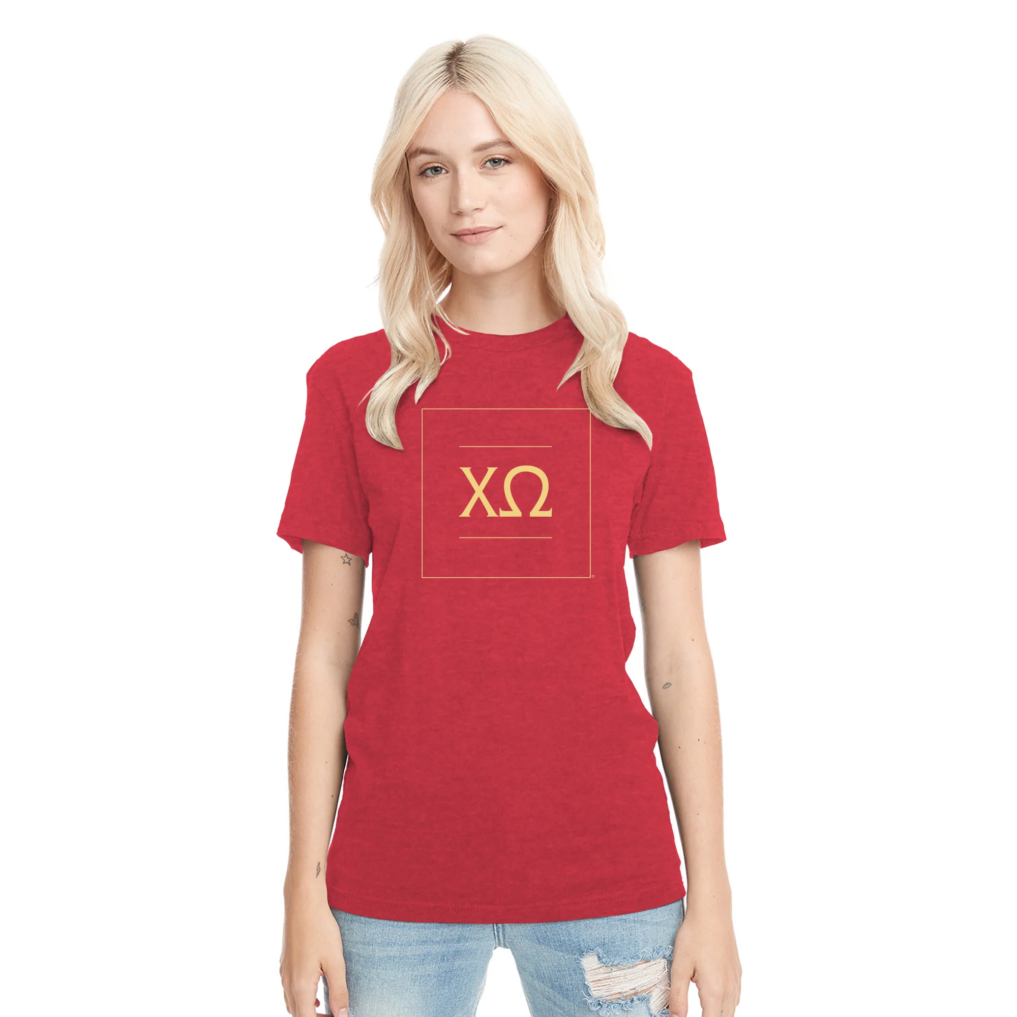 Chi Omega Greek Letter Block Triblend T-Shirt - Vintage Red - Image 3