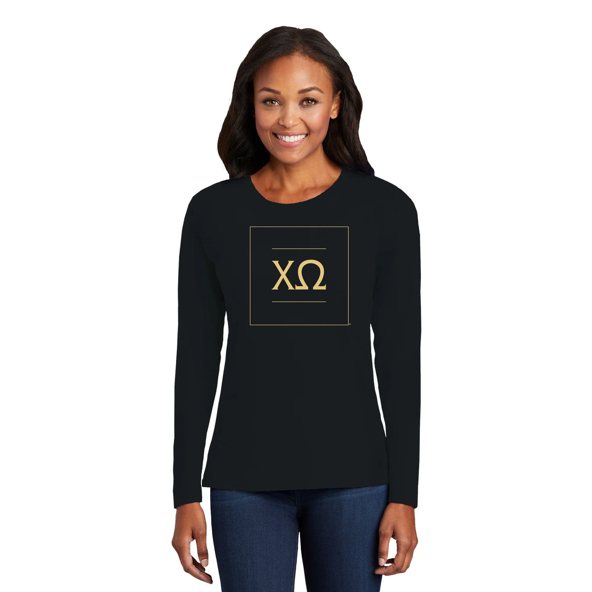 Chi Omega Greek Letter Block Womens Long Sleeve - Black - Image 3