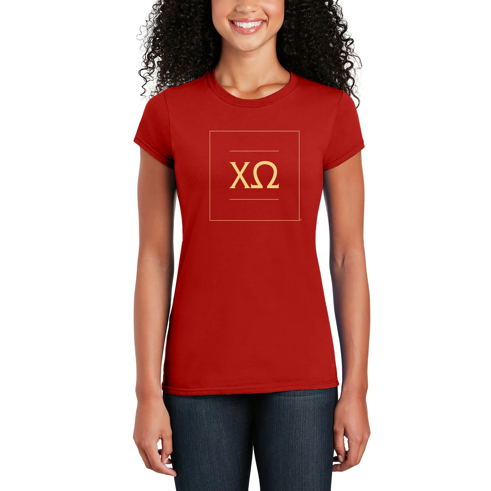 Chi Omega Greek Letter Block Womens T-Shirt - Red - Image 3