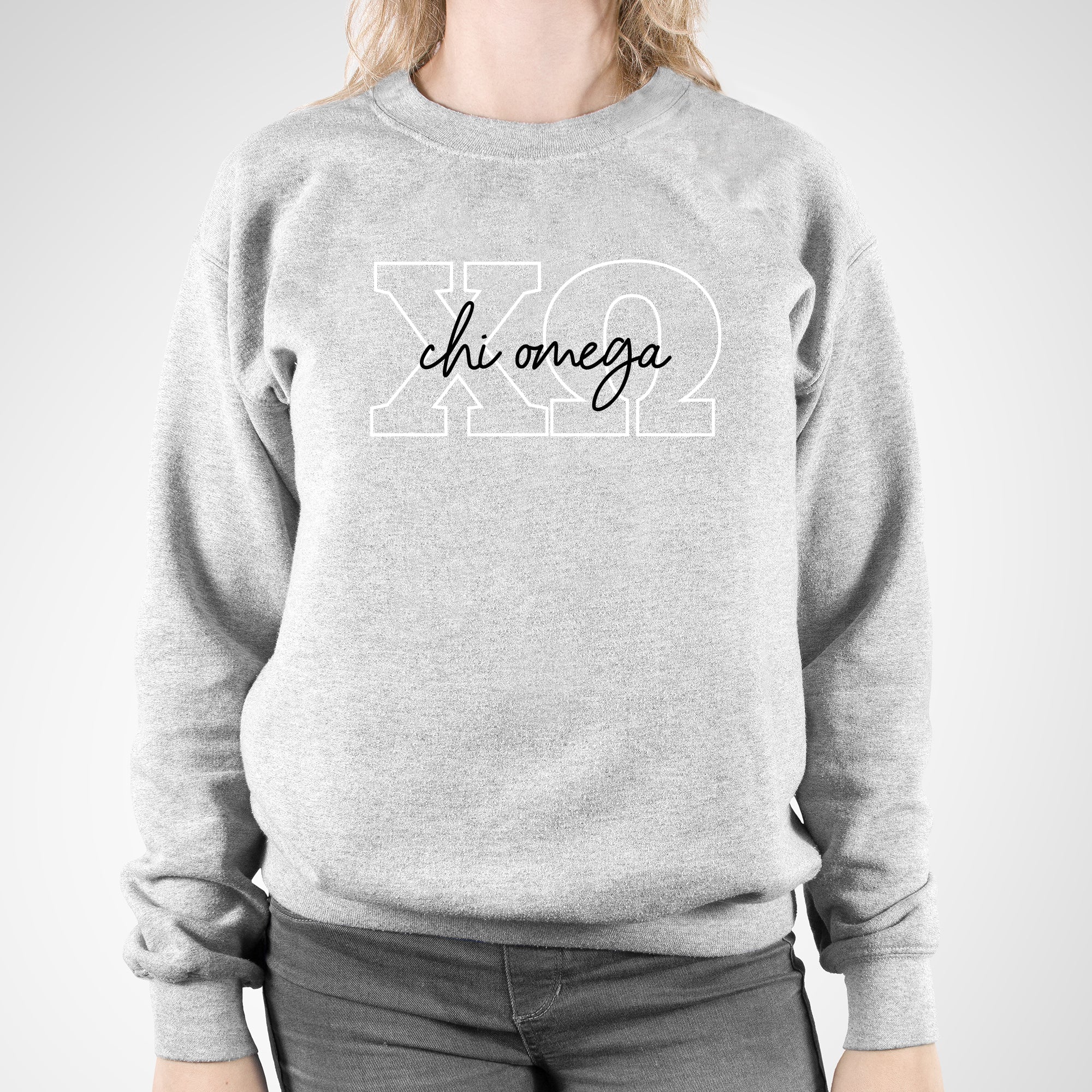 Chi Omega Greek Outline Overlay Crewneck Sweatshirt - Sport Grey - Image 3