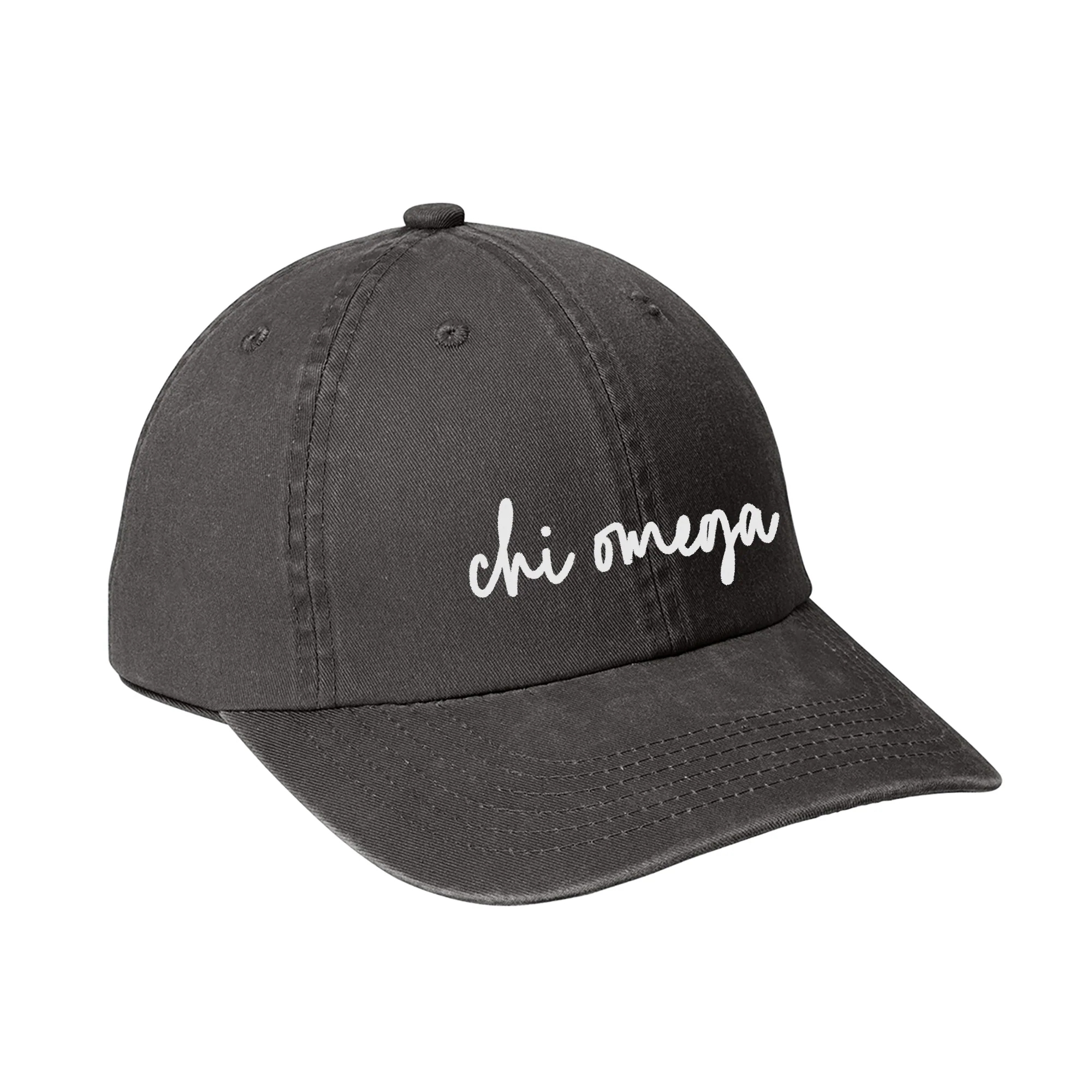 Chi Omega Greek Script Ladies Garment Washed Hat - Black - Image 3