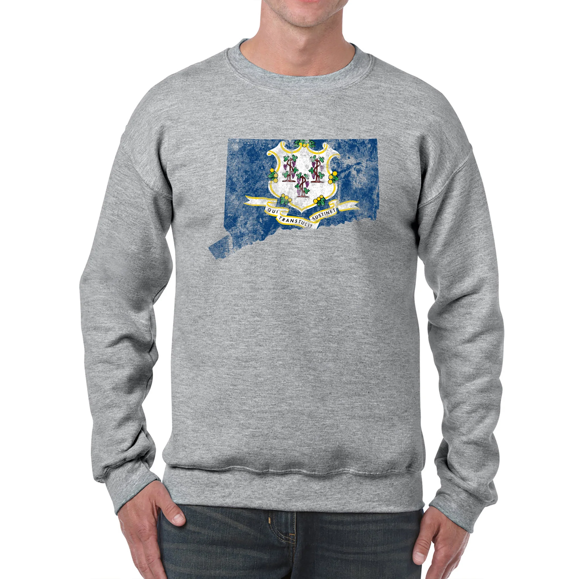 Connecticut Distressed State Flag Outline Crewneck Sweatshirt - Sport Grey - Image 3
