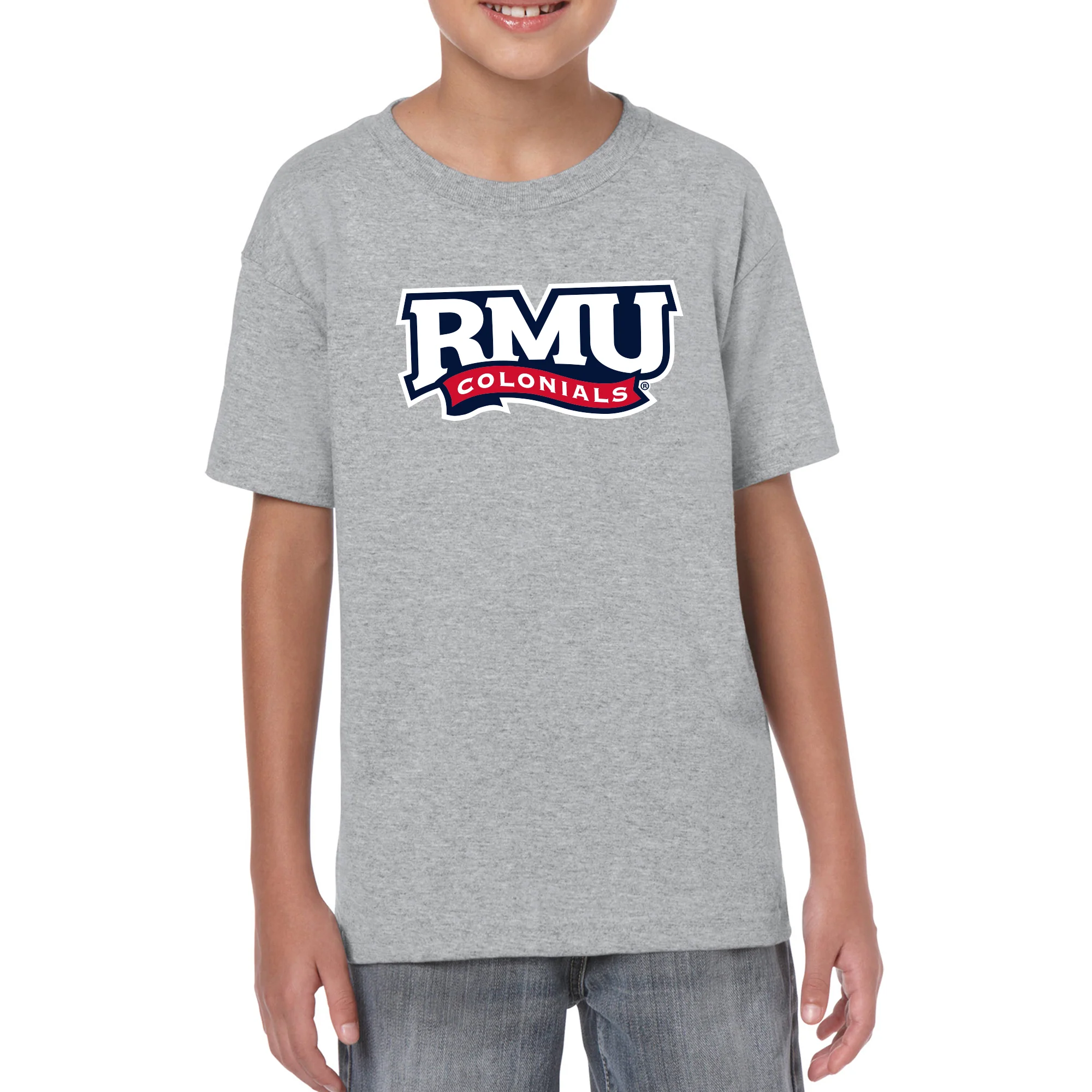 Robert Morris University Colonials Primary Logo Short Sleeve Youth T Shirt - Sport Grey - Image 3