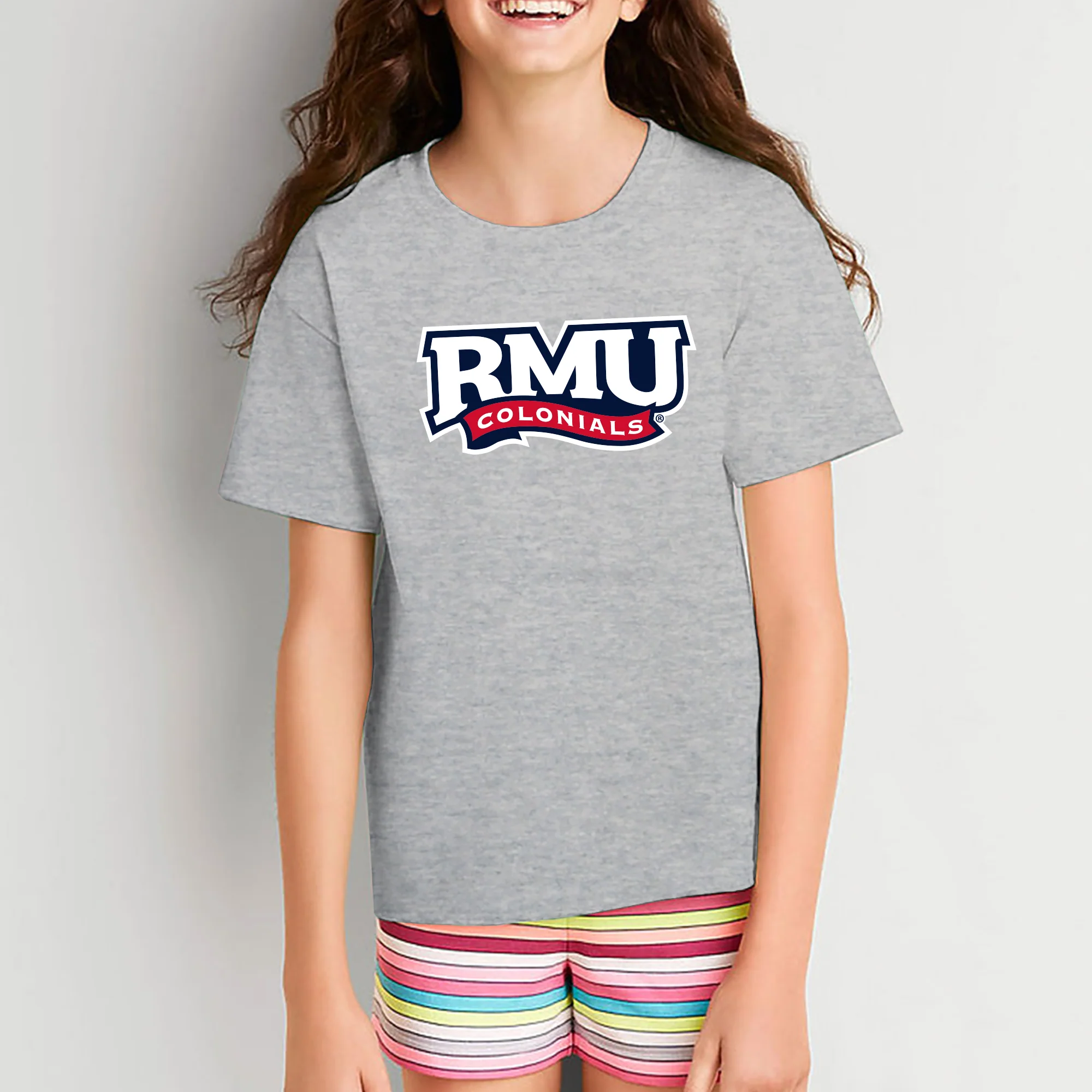Robert Morris University Colonials Primary Logo Short Sleeve Youth T Shirt - Sport Grey - Image 4