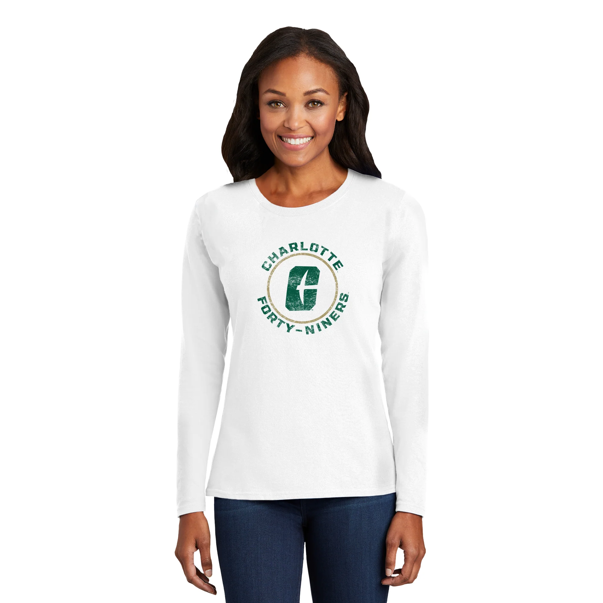 UNC Charlotte Forty-Niners Distressed Circle Logo Women's Long Sleeve T Shirt - White - Image 3