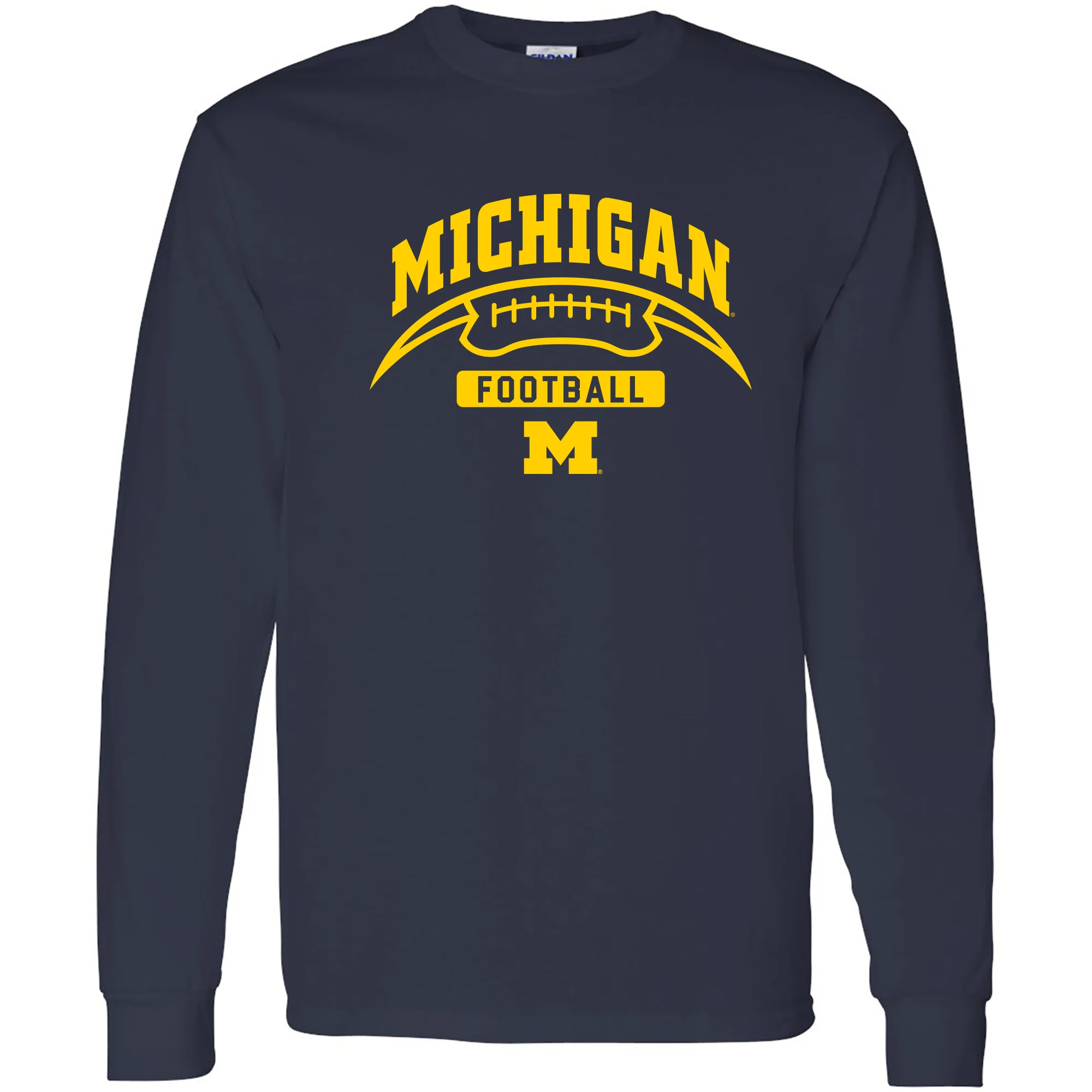 University of Michigan Wolverines Football Crescent Basic Cotton Long Sleeve T Shirt - Navy