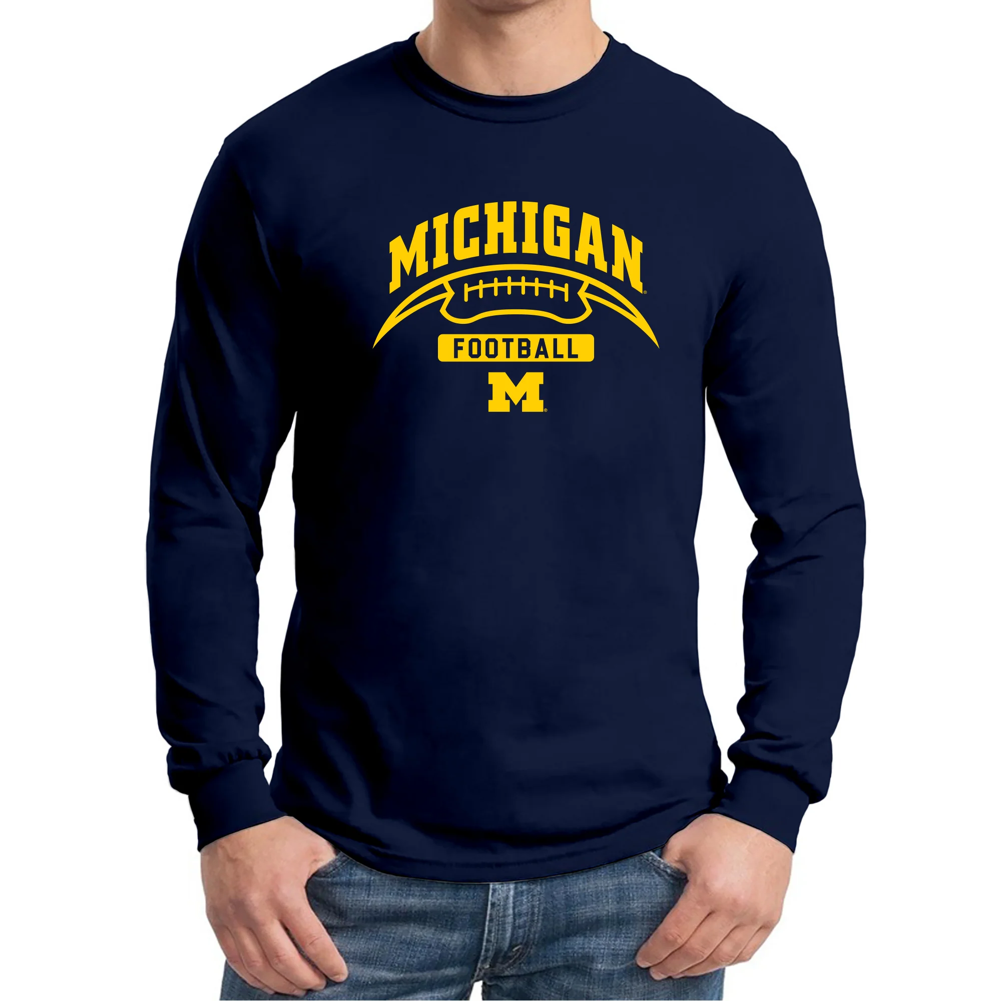 University of Michigan Wolverines Football Crescent Basic Cotton Long Sleeve T Shirt - Navy - Image 3