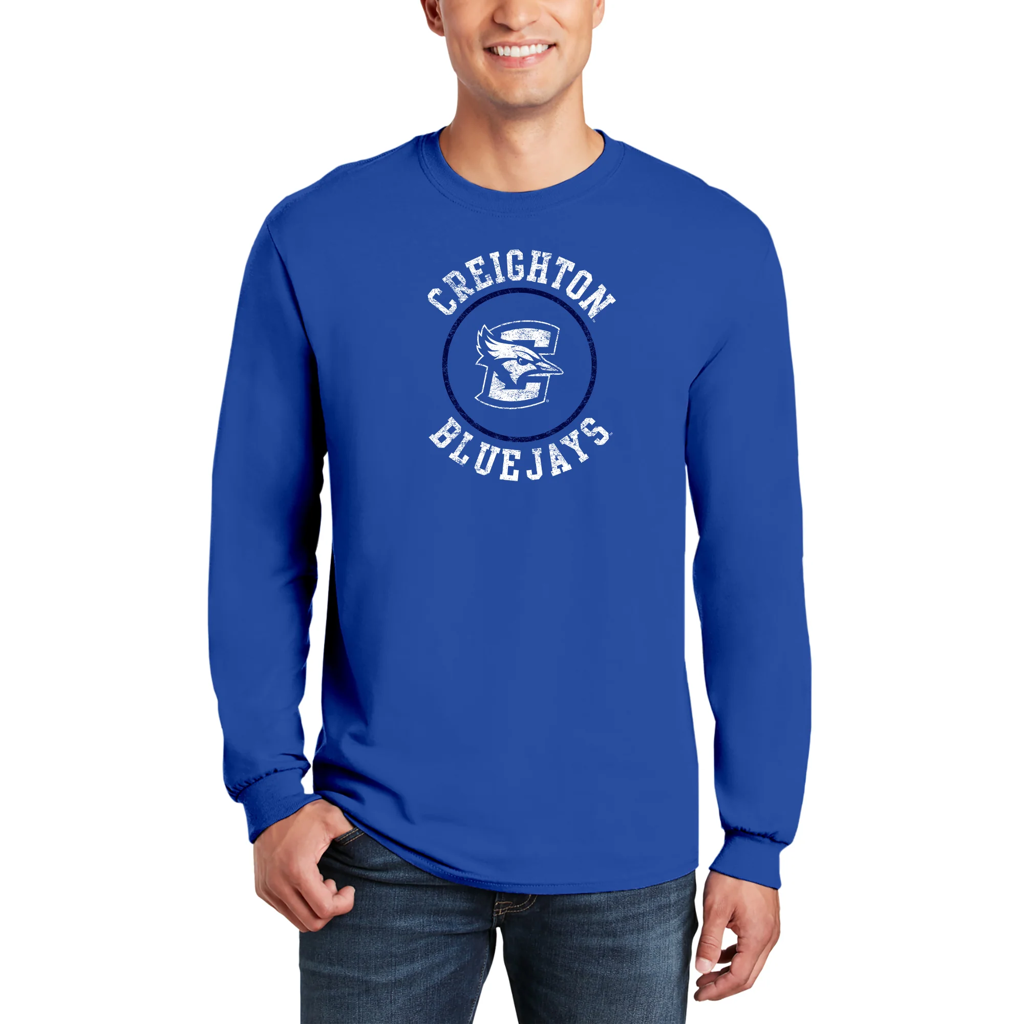 Creighton University Bluejays Distressed Circle Logo Long Sleeve T Shirt - Royal - Image 3