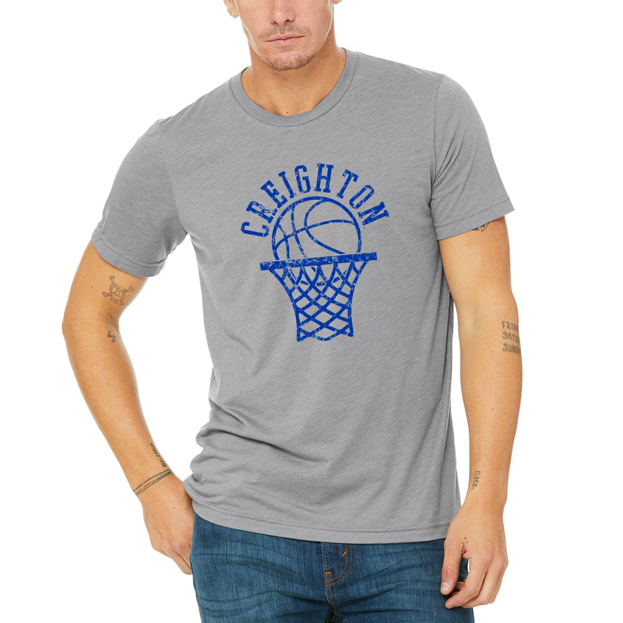 Creighton University Bluejays Retro Basketball Hoop Canvas Triblend Short Sleeve T Shirt - Athletic Grey - Image 3
