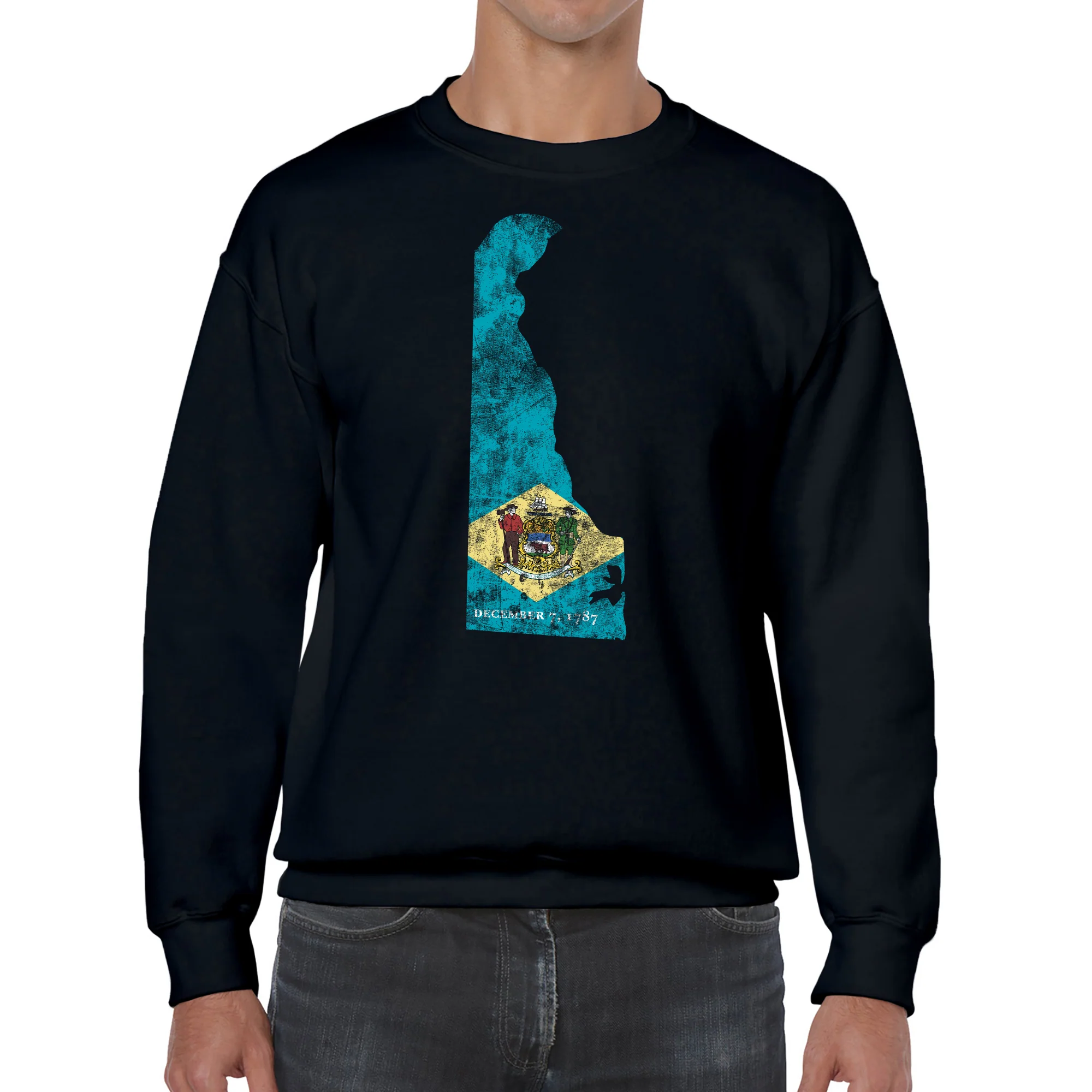 Delaware Distressed State Flag Outline Crewneck Sweatshirt - Black - Image 3