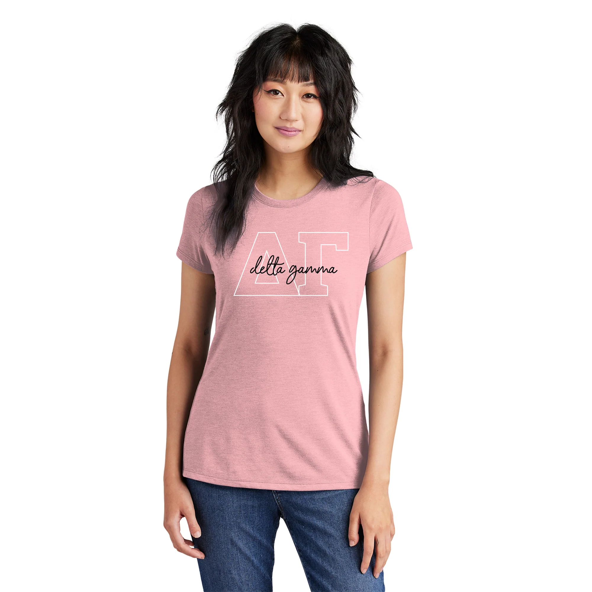 Delta Gamma Greek Outline Overlay Womens Triblend T-Shirt - Desert Pink - Image 3