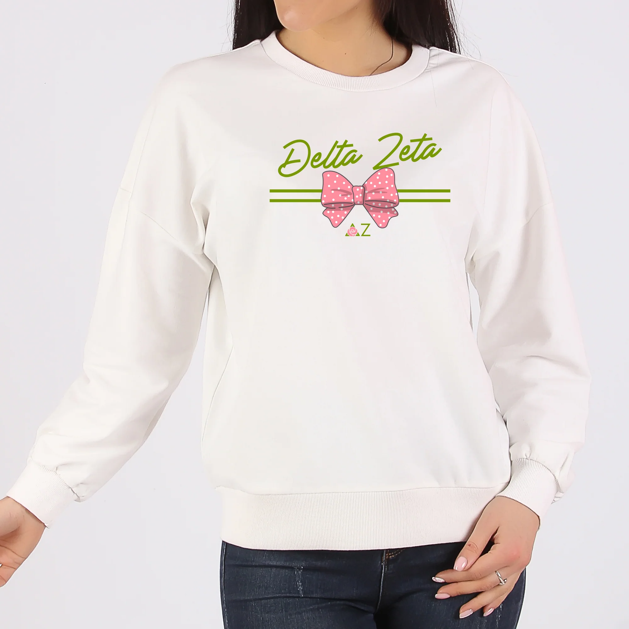 Delta Zeta Greek Bow Script Crewneck Sweatshirt - White - Image 3