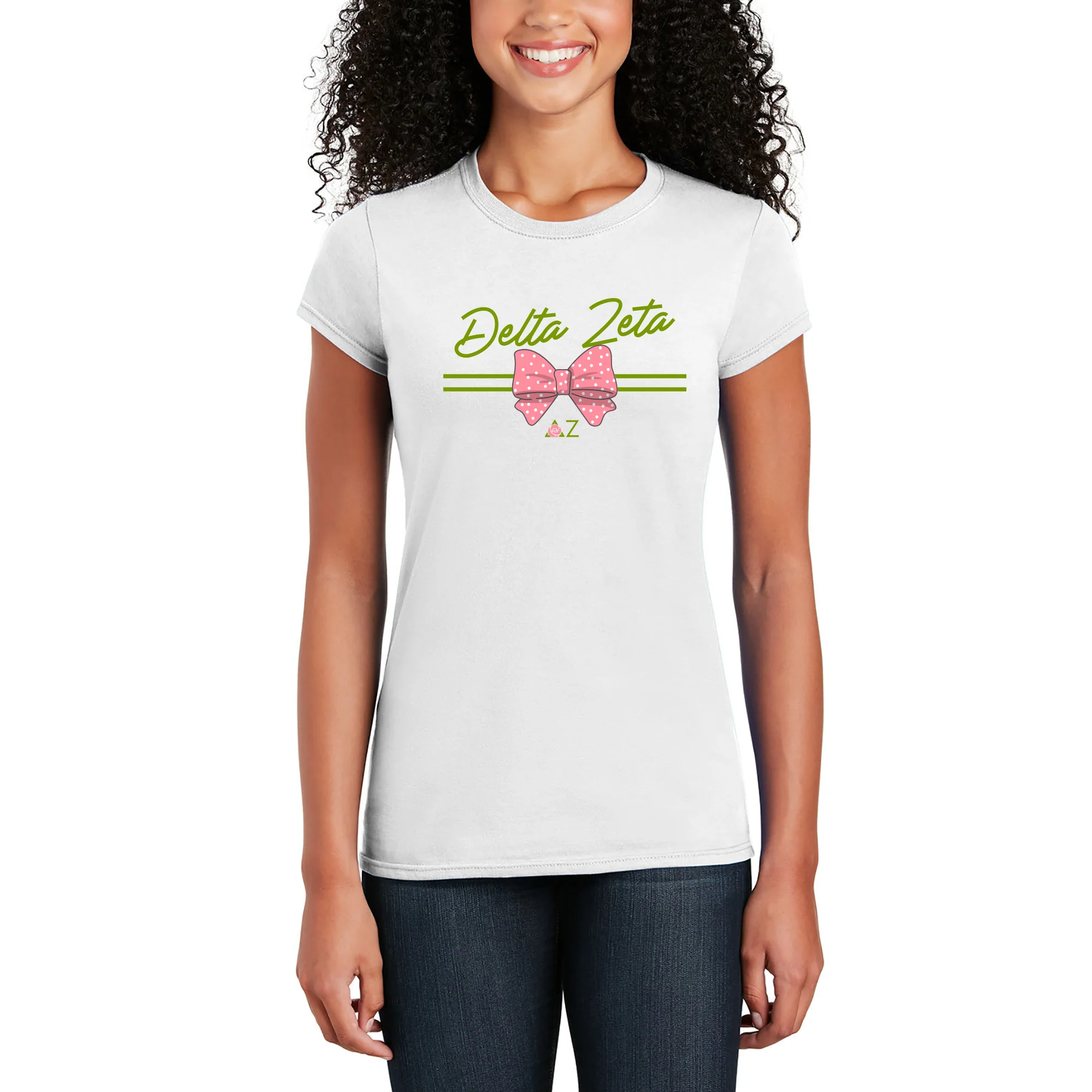 Delta Zeta Greek Bow Script Womens T-Shirt - White - Image 3
