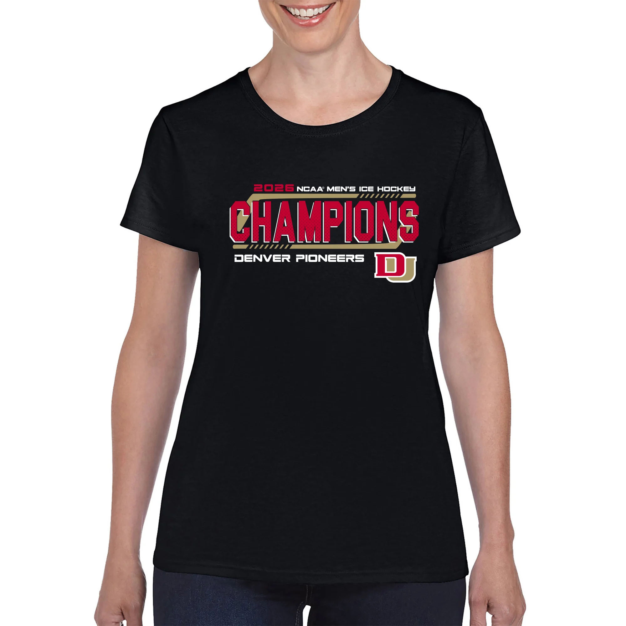 Denver 2026 Hockey National Champions Hockey Frame Womens T-Shirt - Black - Image 3