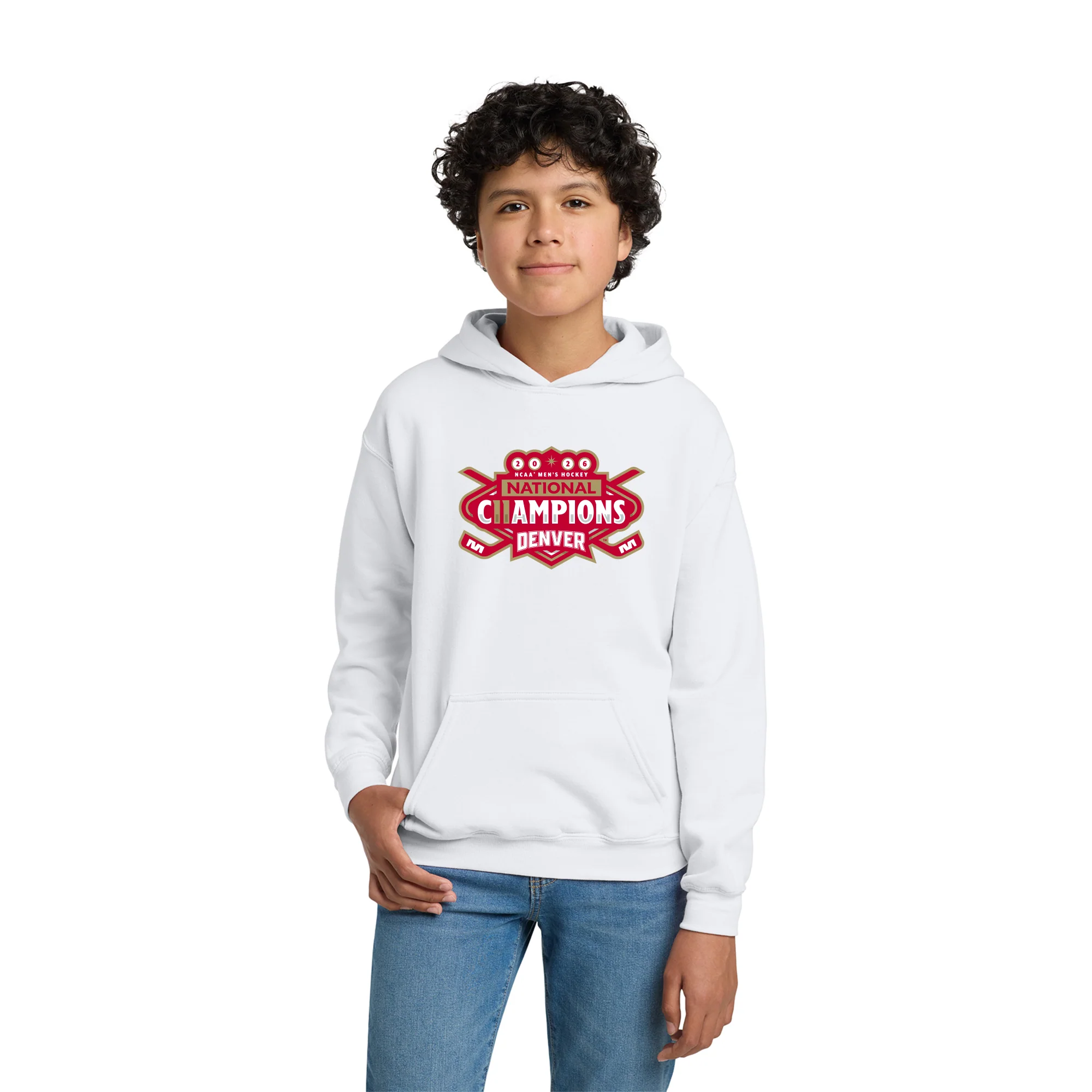 Denver 2026 Hockey National Champions Logo Youth Hoodie - White - Image 3