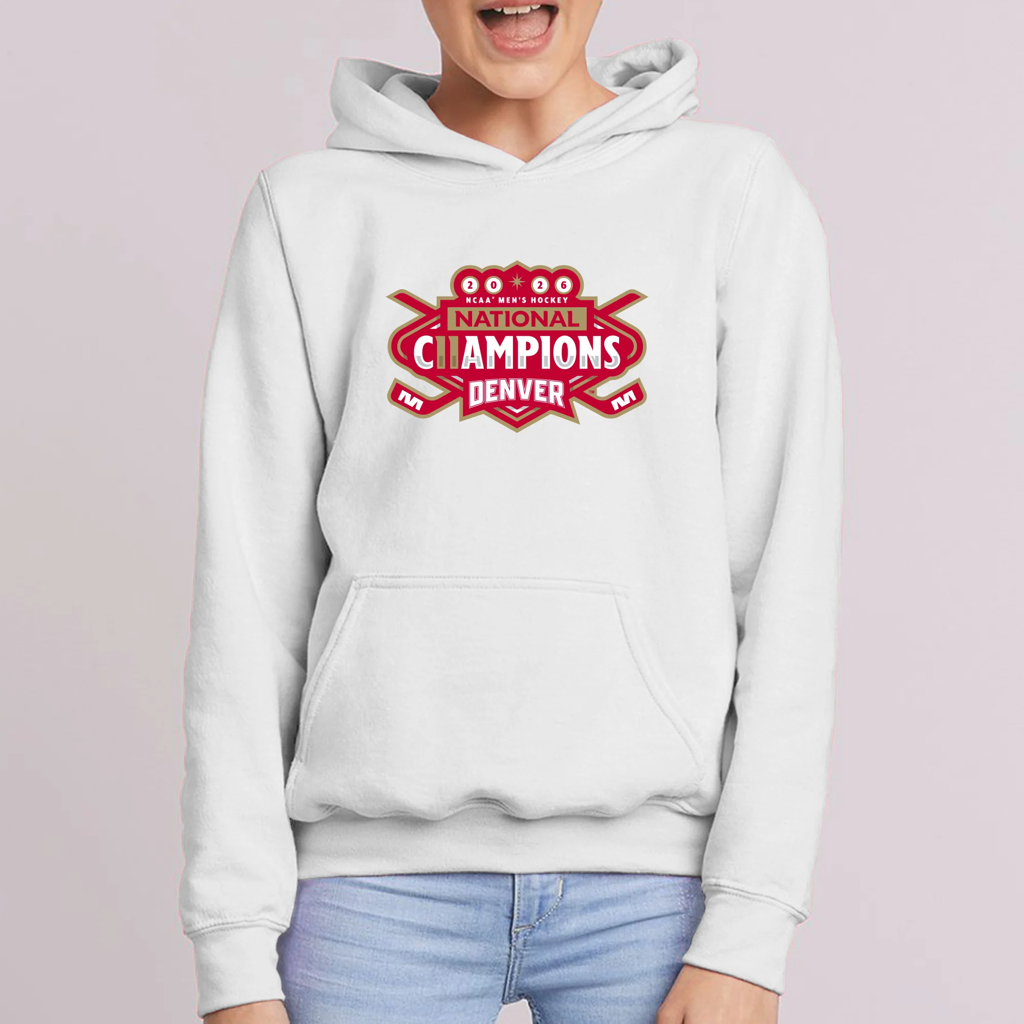 Denver 2026 Hockey National Champions Logo Youth Hoodie - White - Image 4