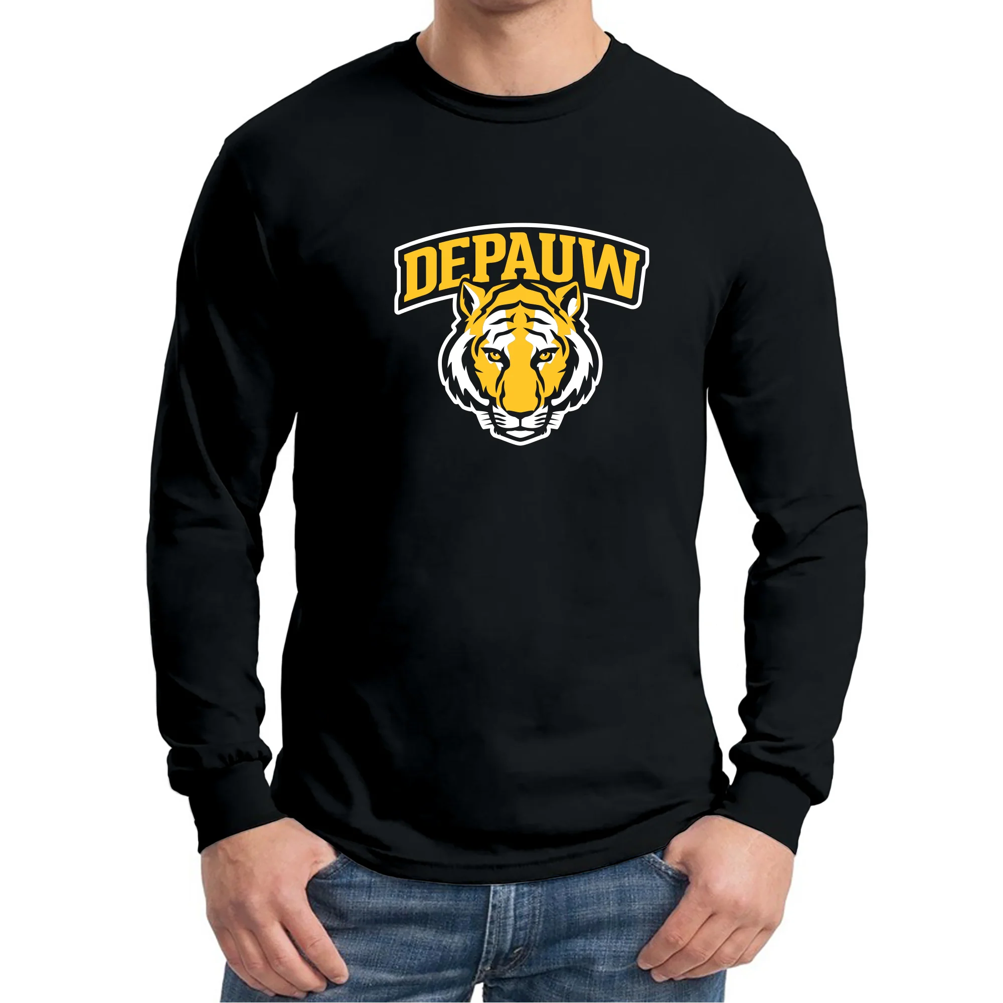 DePauw University Tigers Arch Logo Long Sleeve T-Shirt - Black - Image 3