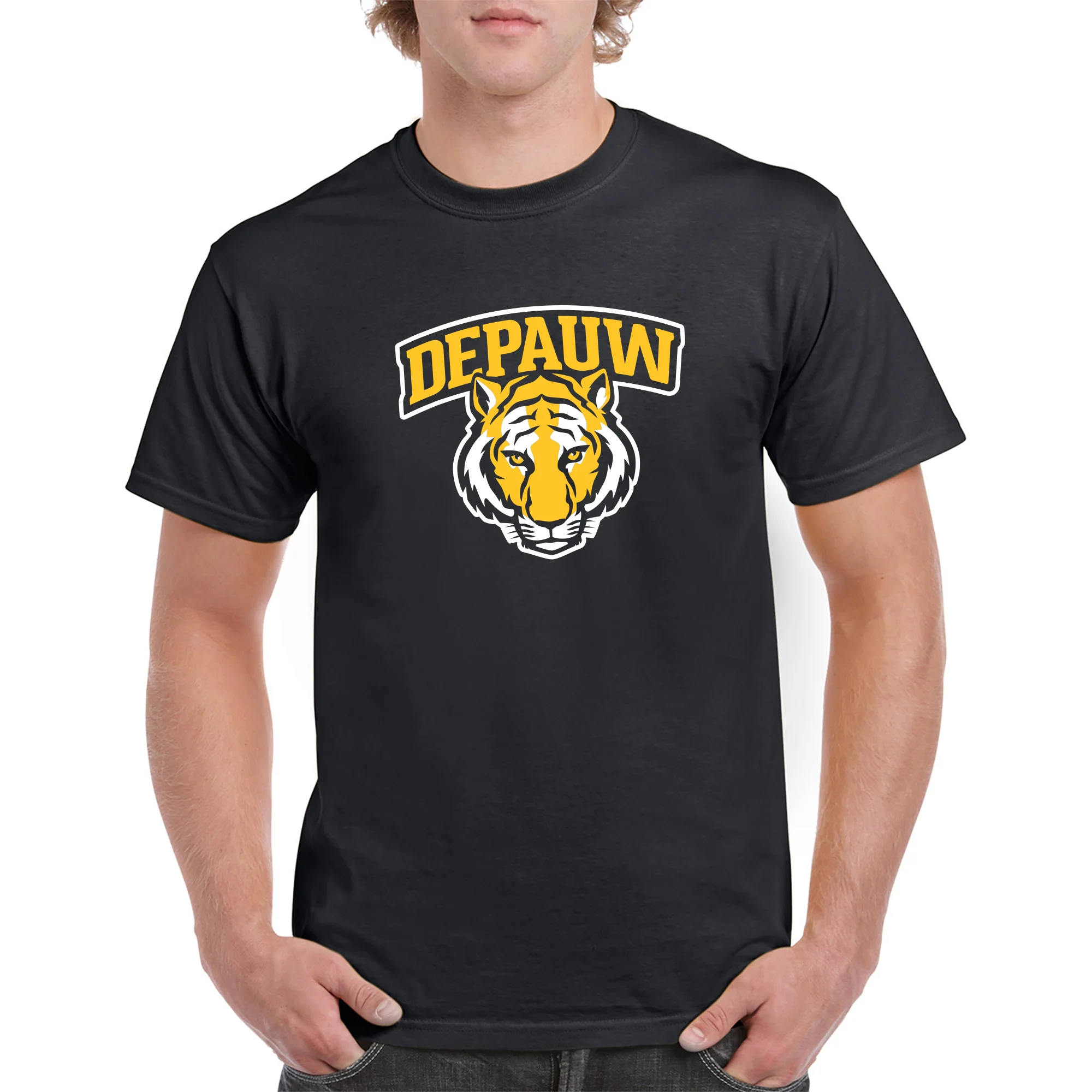 DePauw University Tigers Arch Logo Short Sleeve T Shirt - Black - Image 3