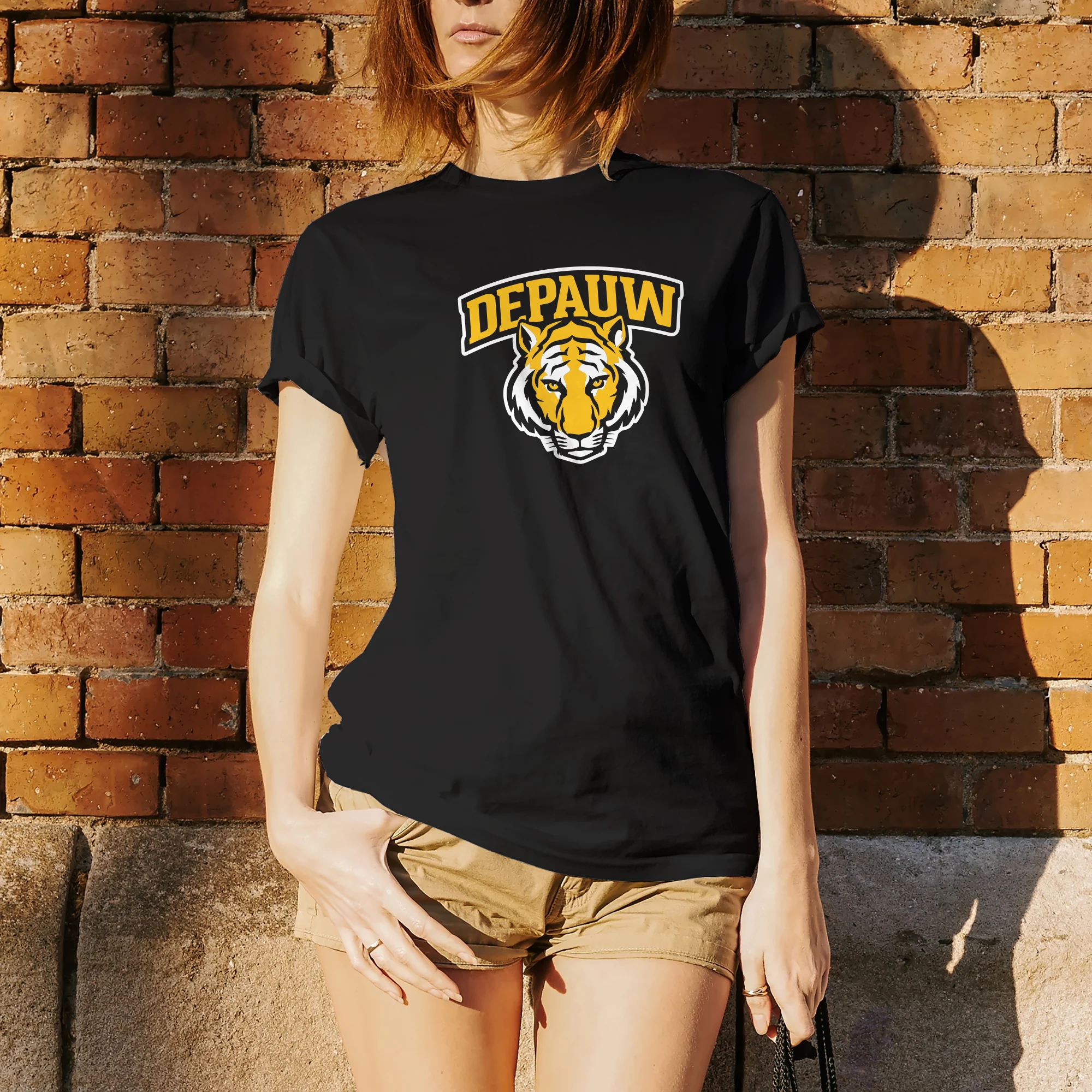 DePauw University Tigers Arch Logo Short Sleeve T Shirt - Black - Image 4