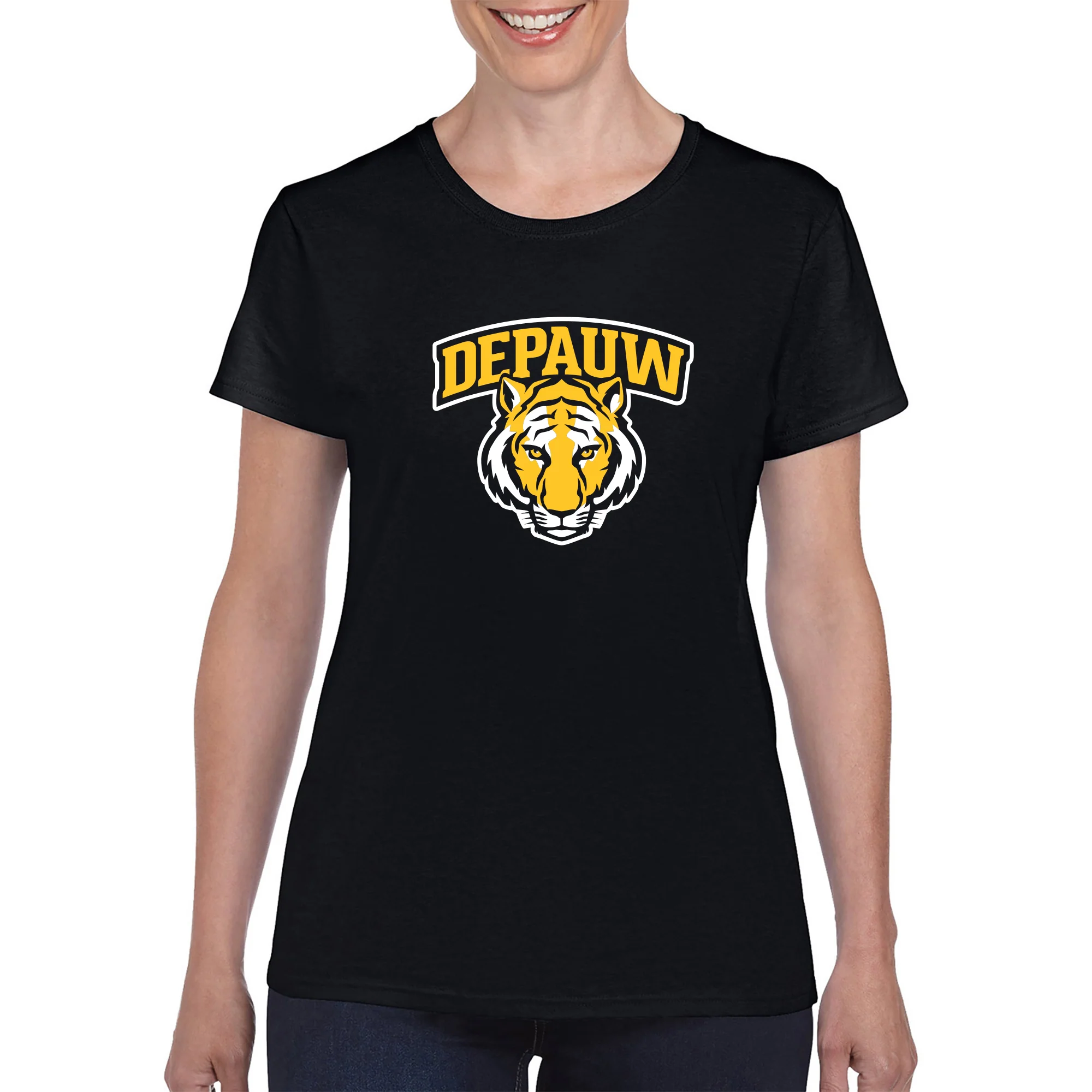 DePauw University Tigers Arch Logo Women's Short Sleeve T Shirt - Black - Image 3