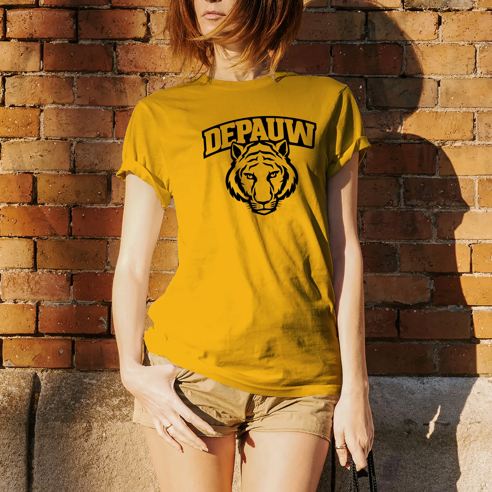 DePauw University Tigers Arch Logo Short Sleeve T Shirt - Gold - Image 4