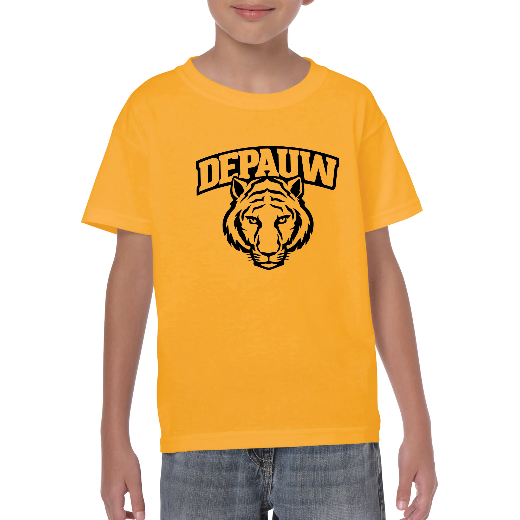 DePauw University Tigers Arch Logo Youth Short Sleeve T Shirt - Gold - Image 3