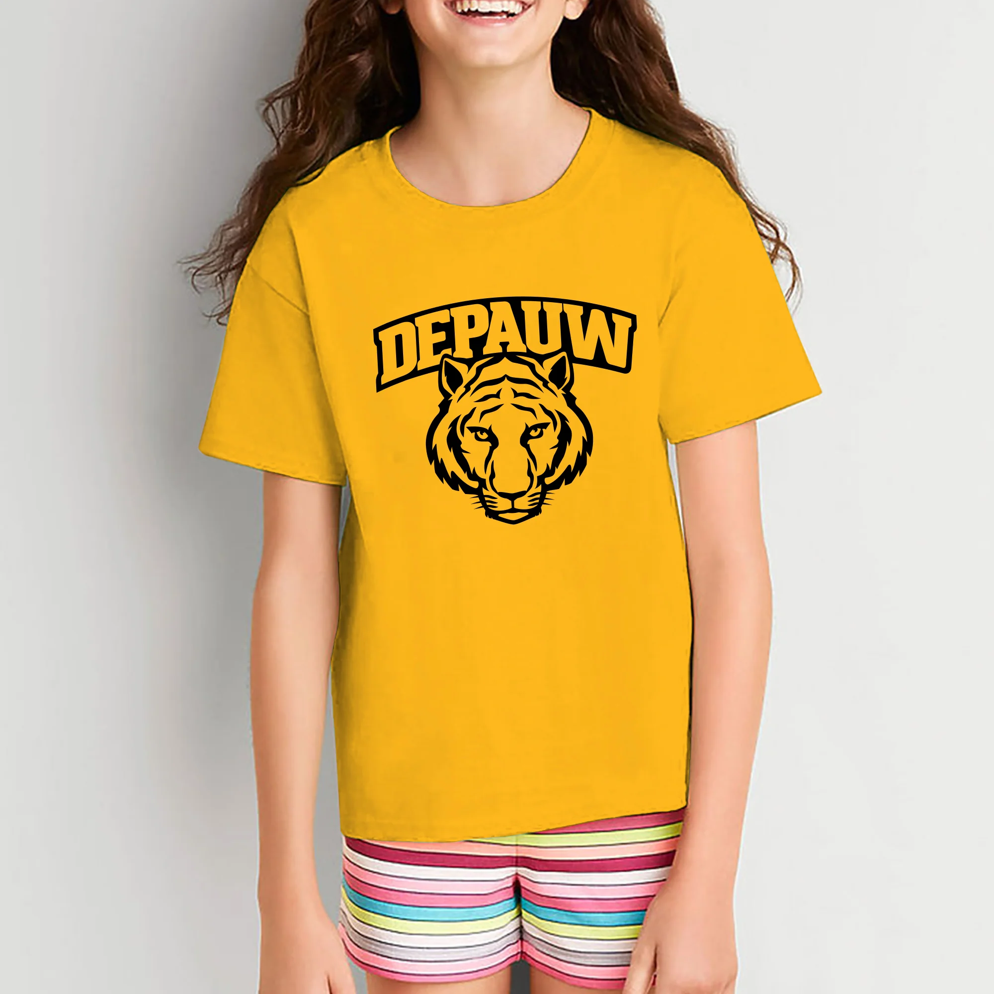 DePauw University Tigers Arch Logo Youth Short Sleeve T Shirt - Gold - Image 4