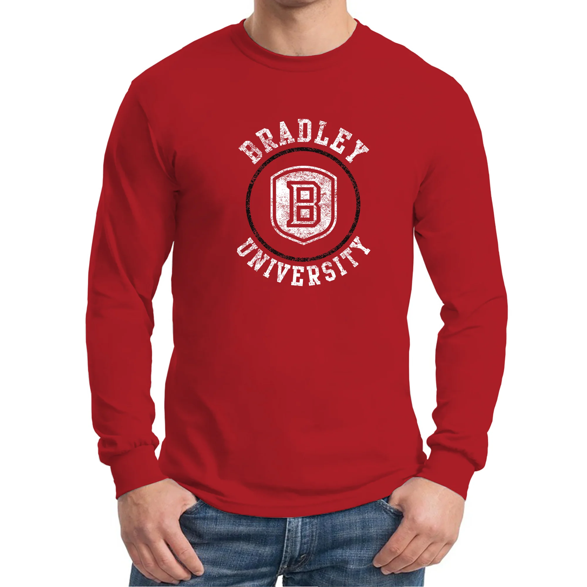 Bradley University Braves Distressed Circle Logo Basic Cotton Long Sleeve T Shirt - Red - Image 3